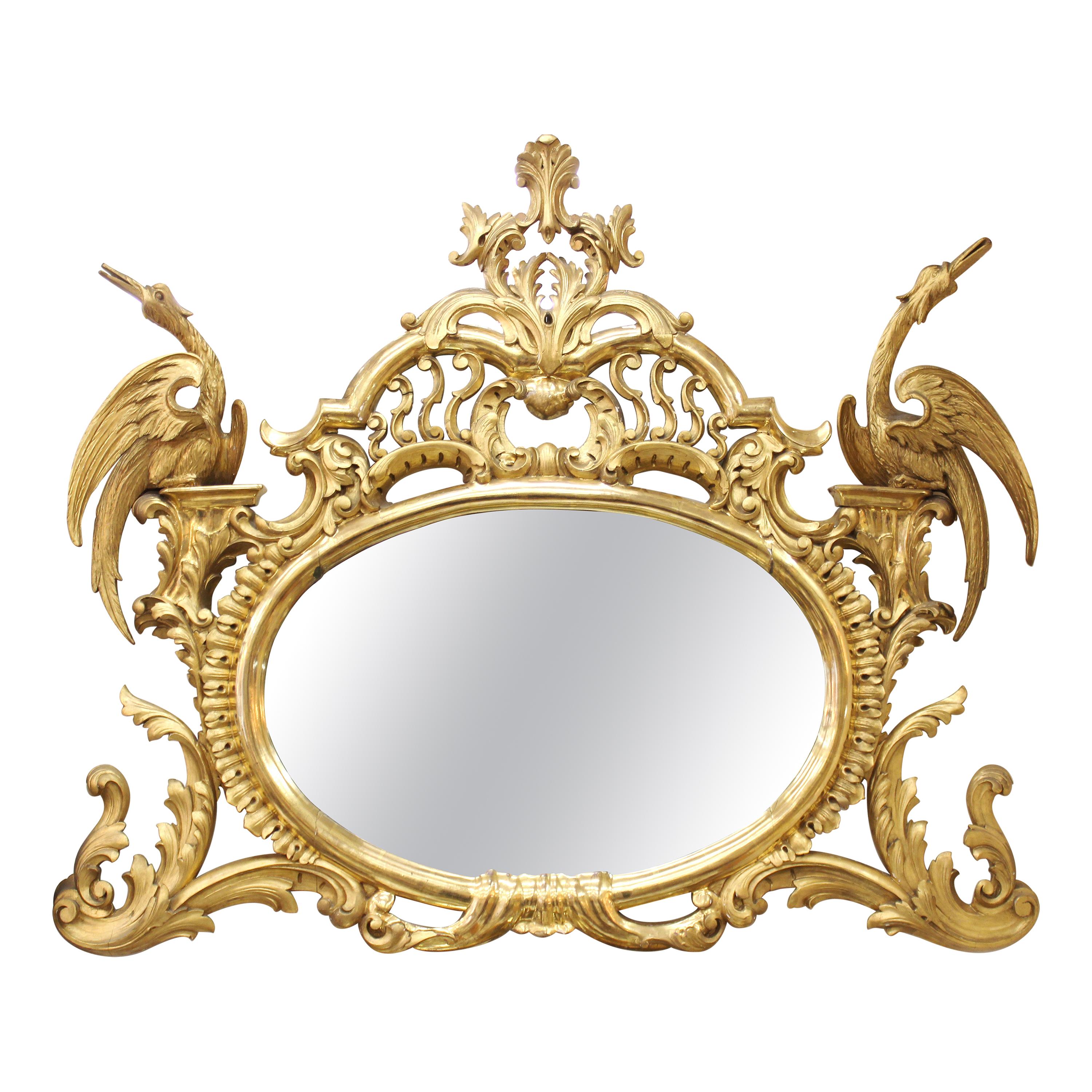 Georgian Chippendale Style Giltwood Carved Mantel Mirror with Ho Ho Birds