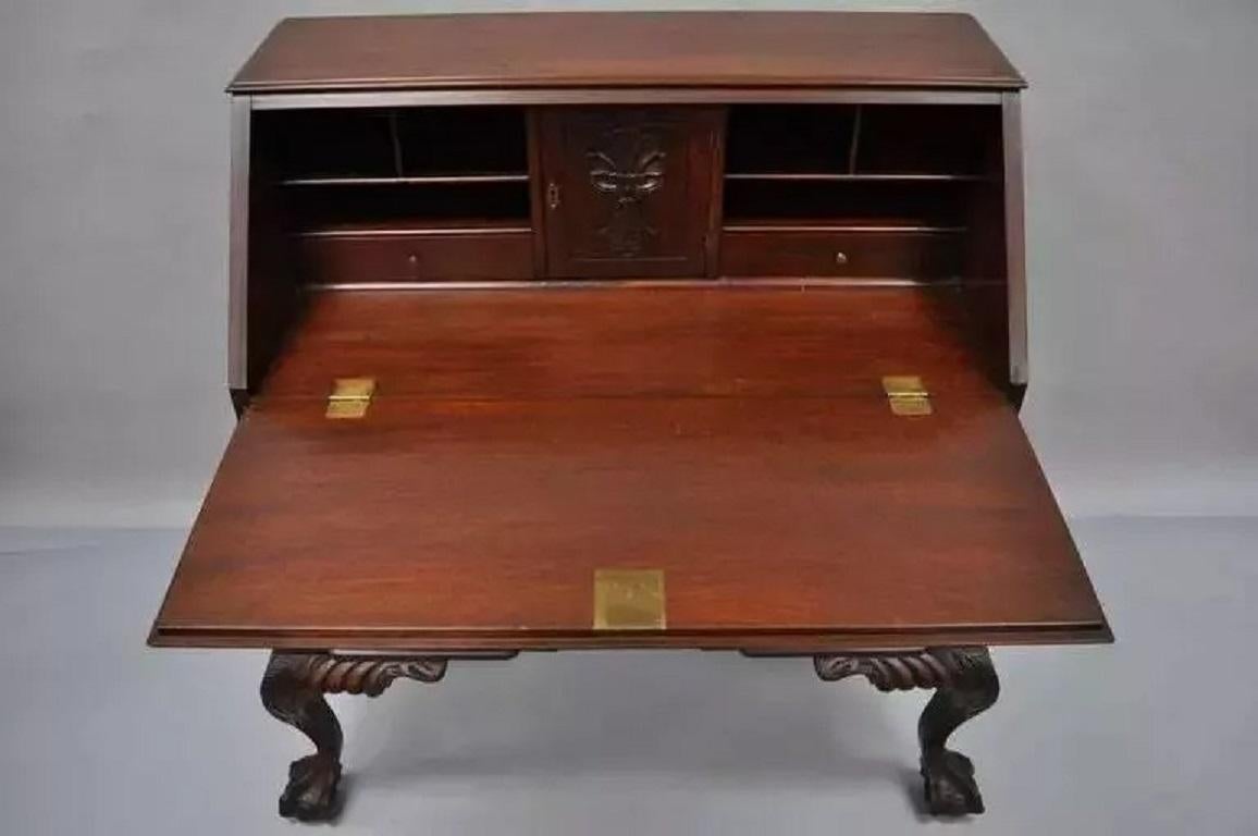 19th Century Georgian Chippendale Style Mahogany Block Front Shell Carved Secretary Desk For Sale