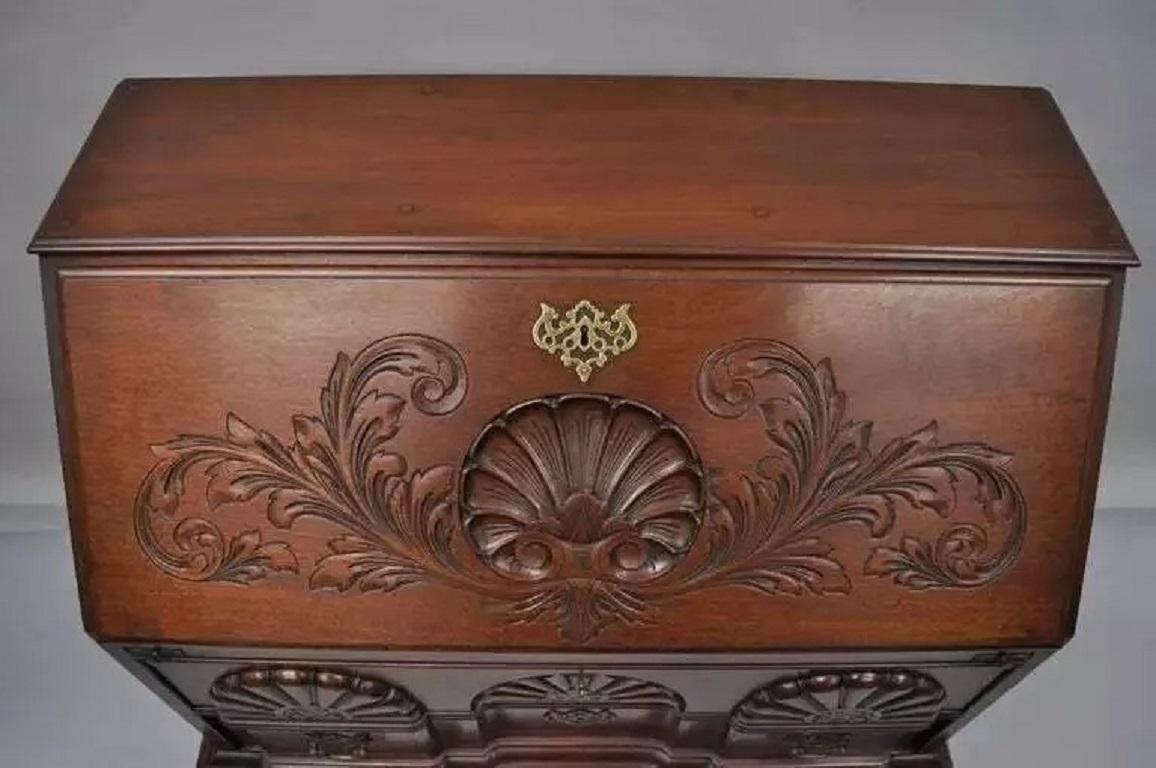 Brass Georgian Chippendale Style Mahogany Block Front Shell Carved Secretary Desk For Sale