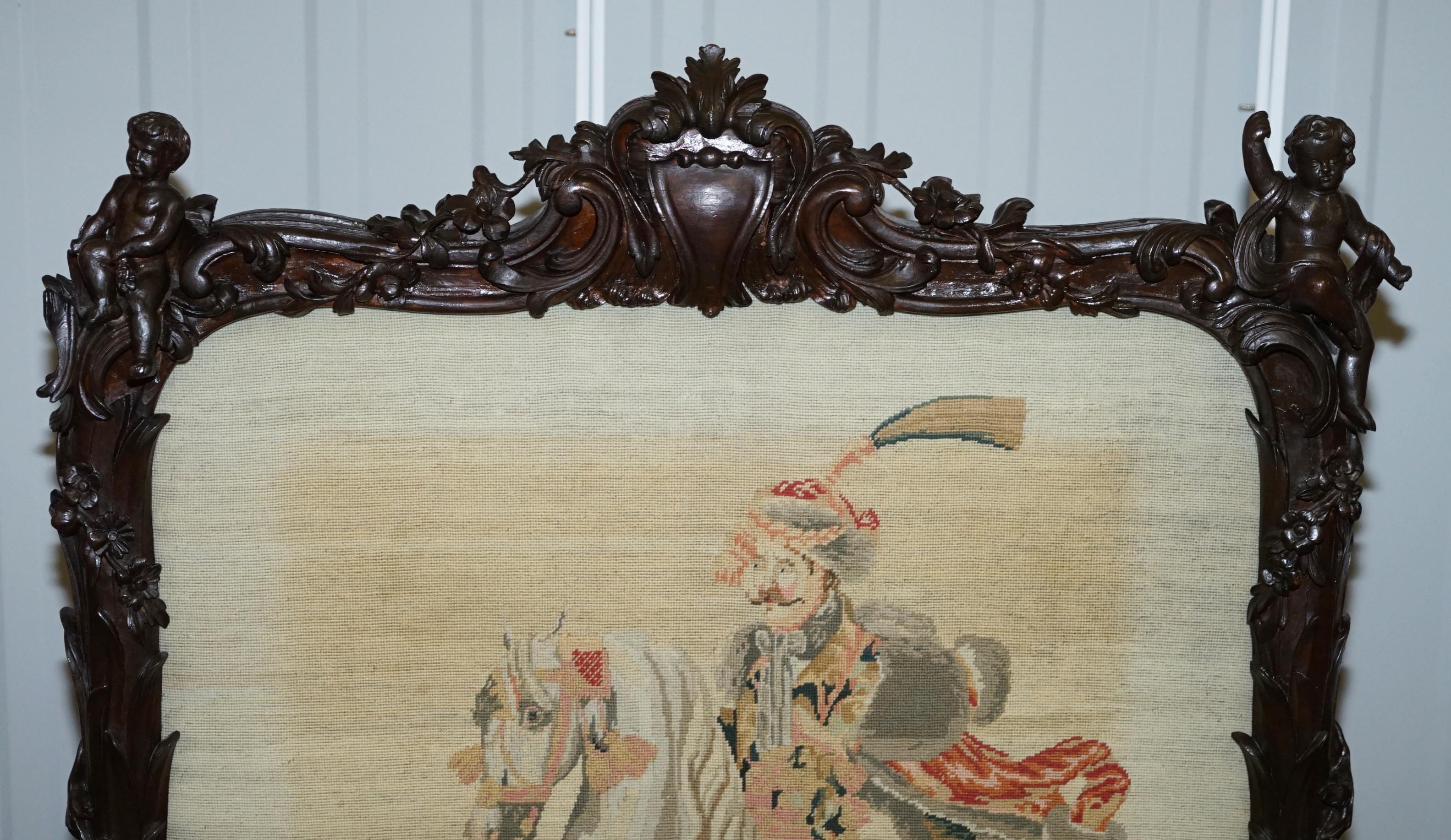 Fruitwood Georgian circa 1800 Carved Wood Fireplace Screen Original Tapestry Cherubs Putti For Sale