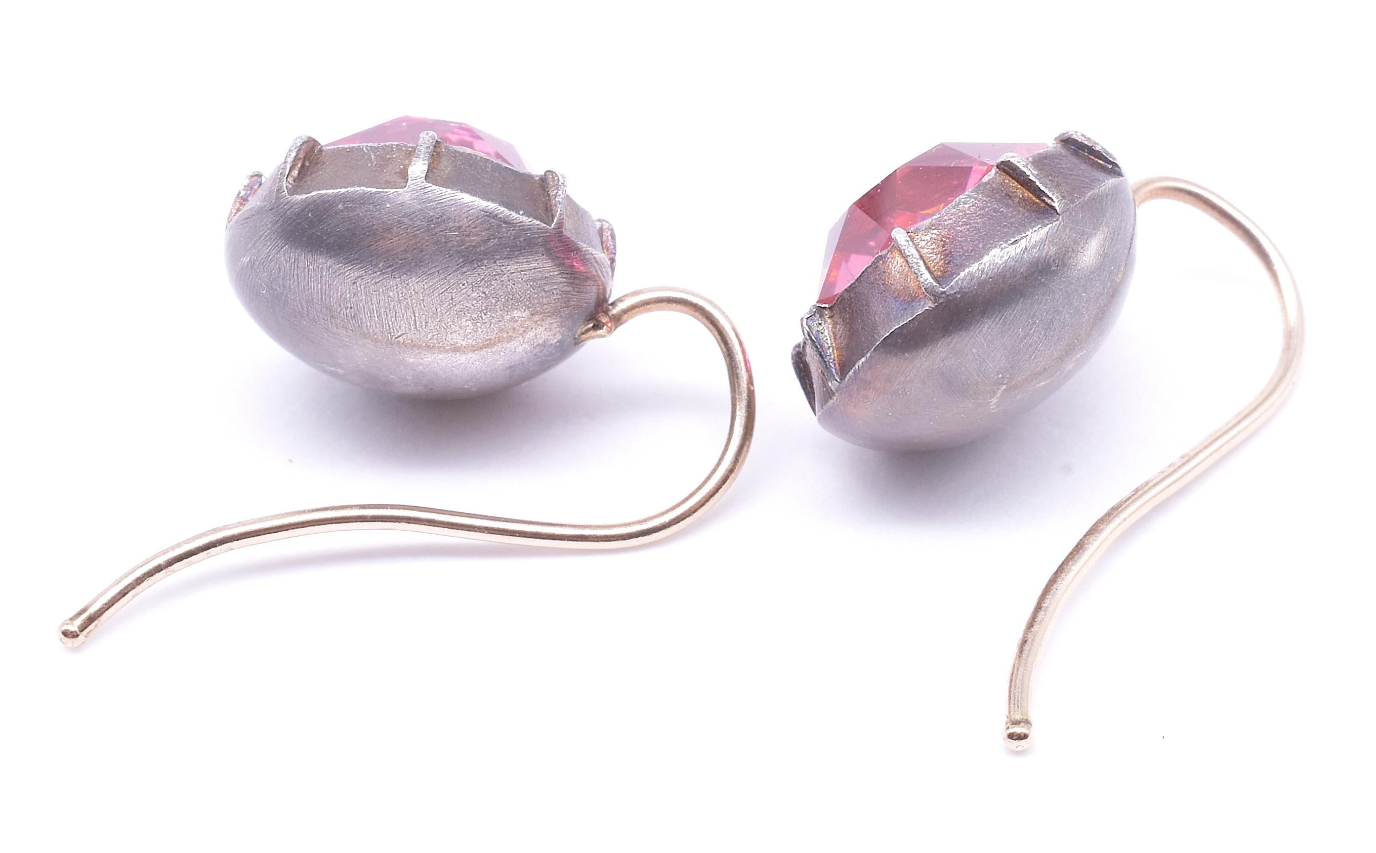 Striking silver Foiled Pink Paste Earrings set in hand carved Georgian collets. Our pink paste earrings are made of pink 