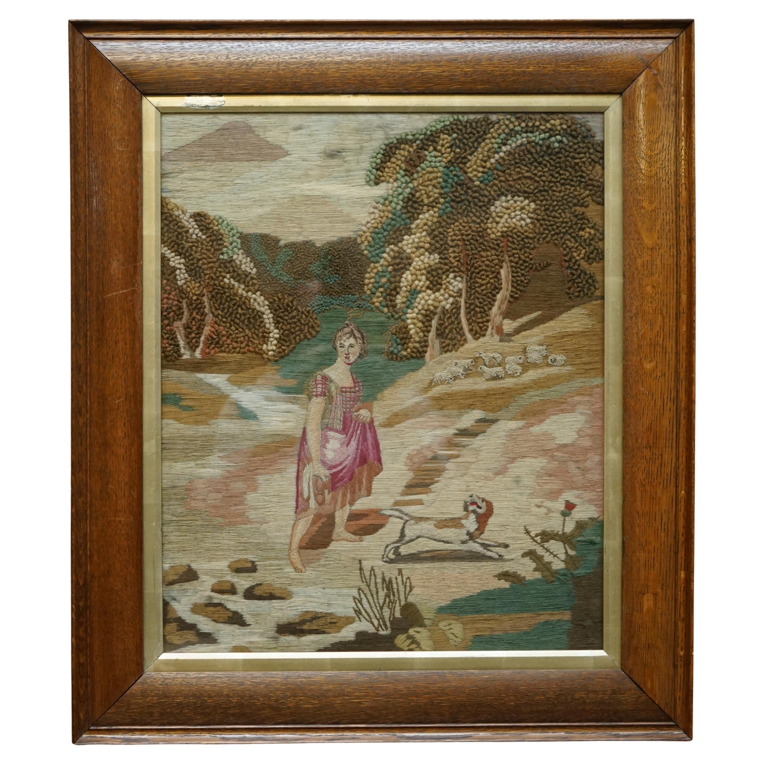 GEORGISCHES CIRCA 1820 Seide & Wolle Arbeit STUMPWORK STYLE EMBROIDERY TAPESTRY PICTURE im Angebot