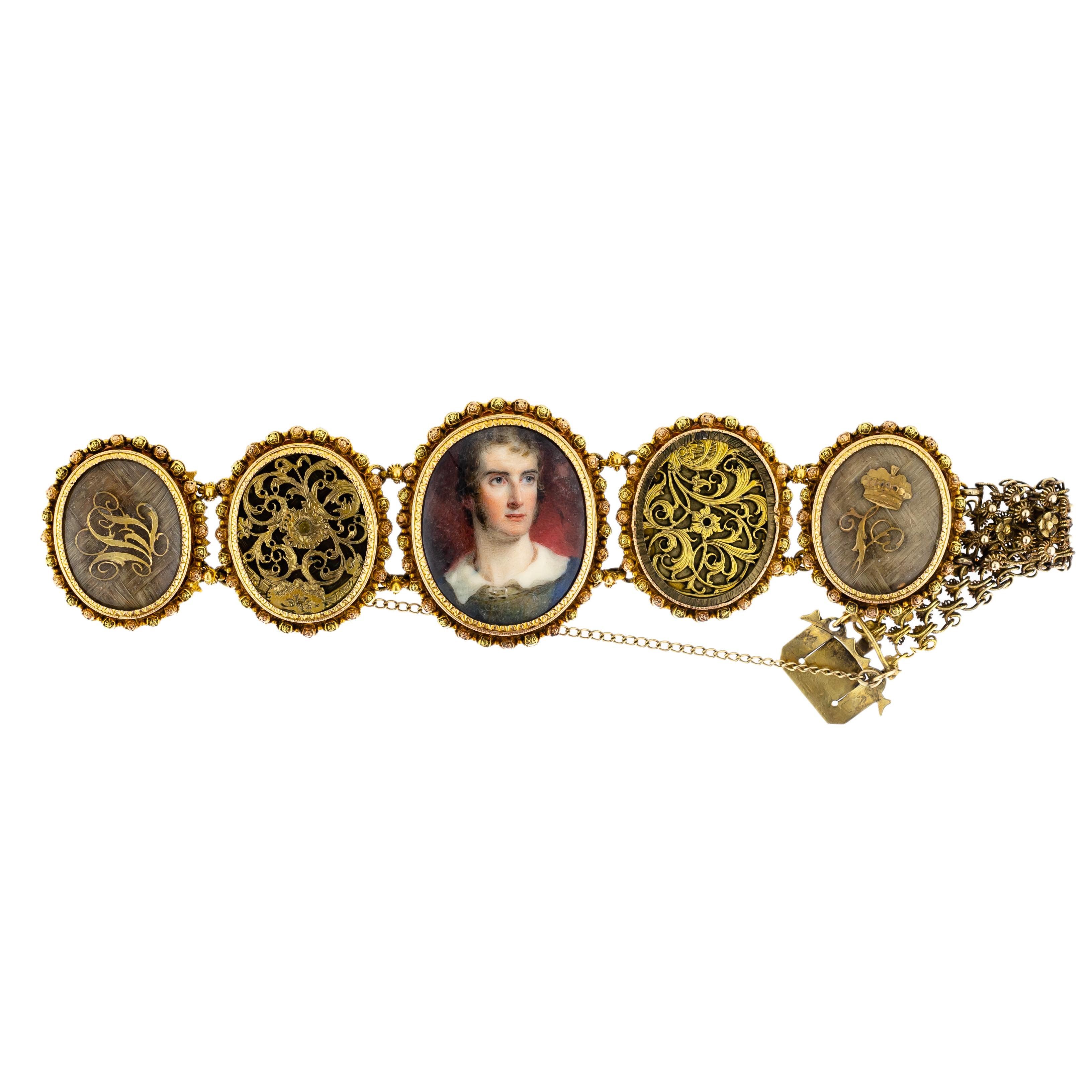 Women's Georgian Circa 1825 Gold Cannetille Portrait Miniature Mourning Bracelet For Sale