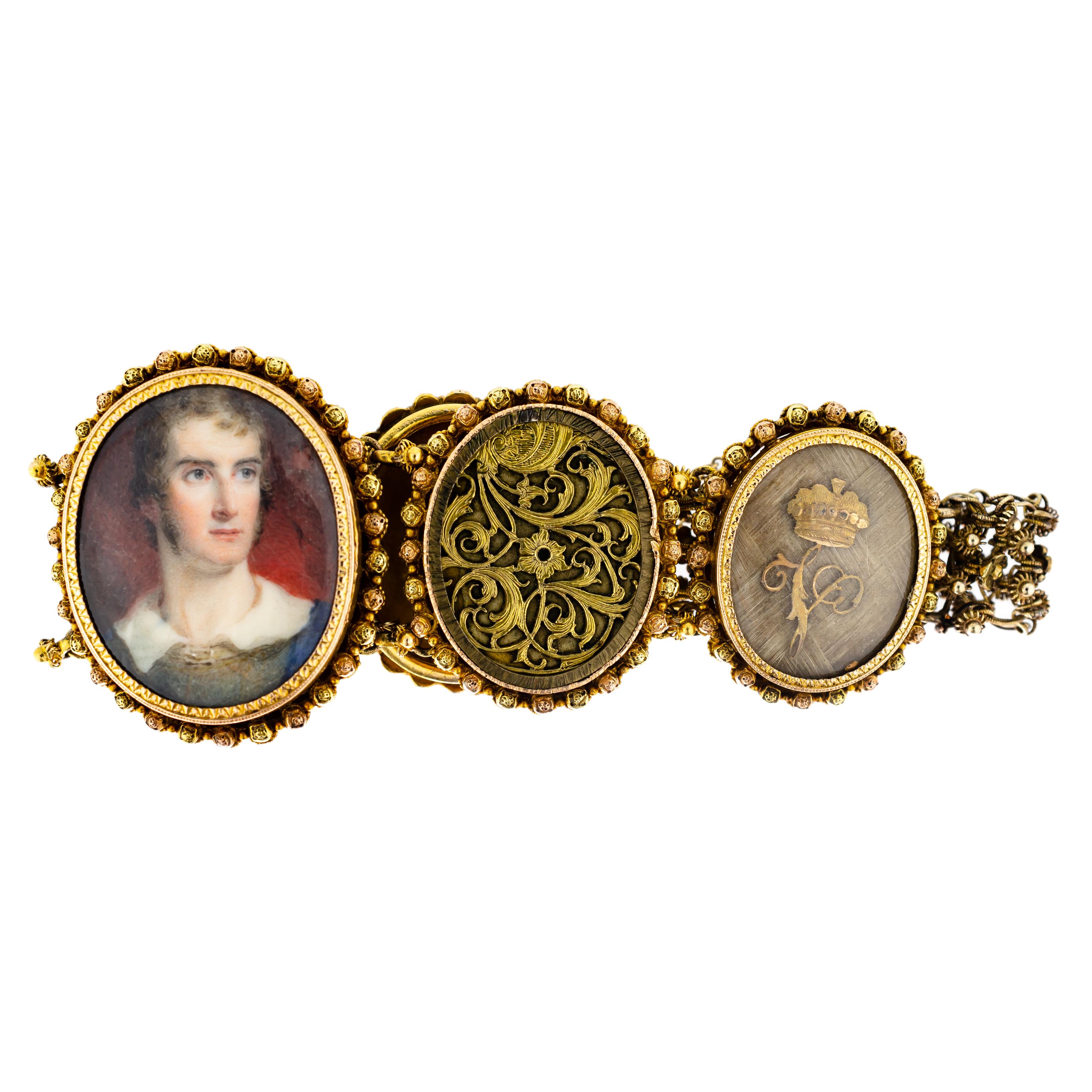 Georgian Circa 1825 Gold Cannetille Portrait Miniature Mourning Bracelet For Sale 1