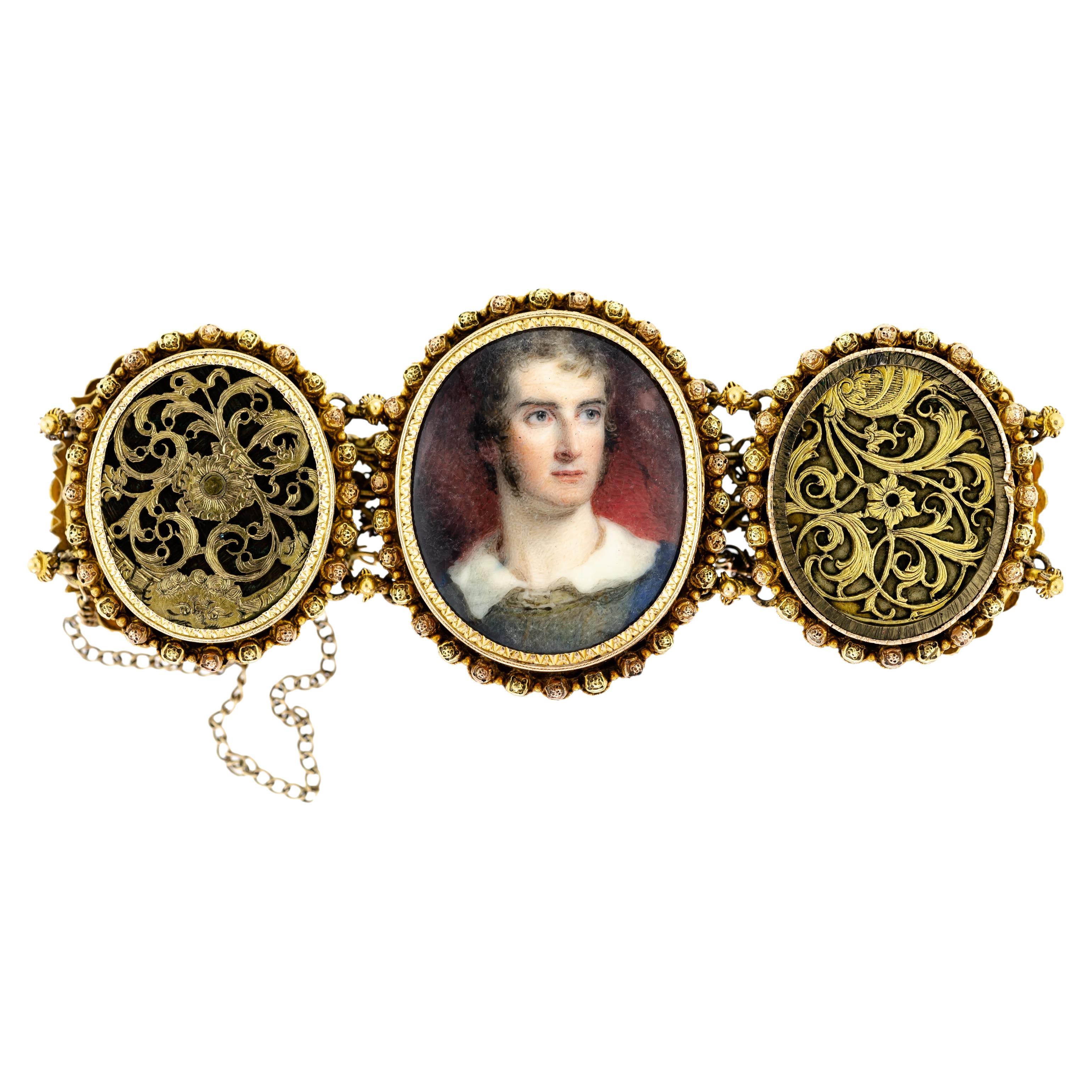Georgian Circa 1825 Gold Cannetille Portrait Miniature Mourning Bracelet