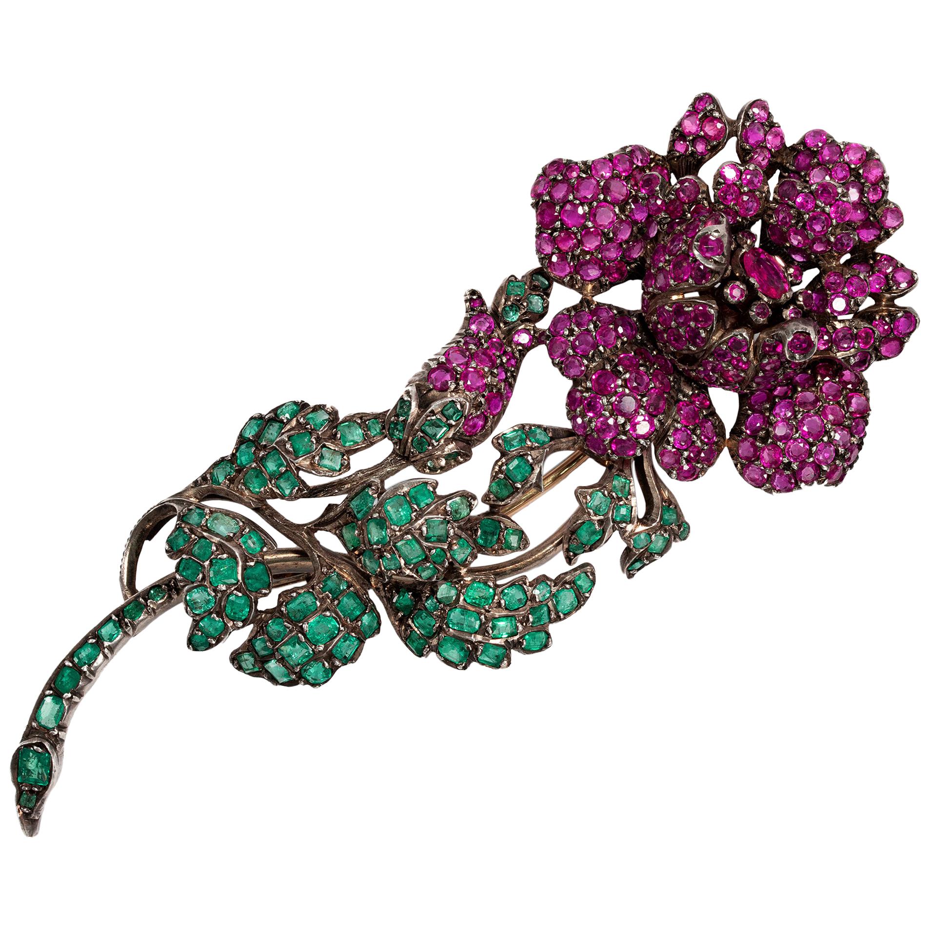 Georgian circa 1830, Certified 14.0 Carat Ruby and 7.5 Carat Emerald Rose Brooch