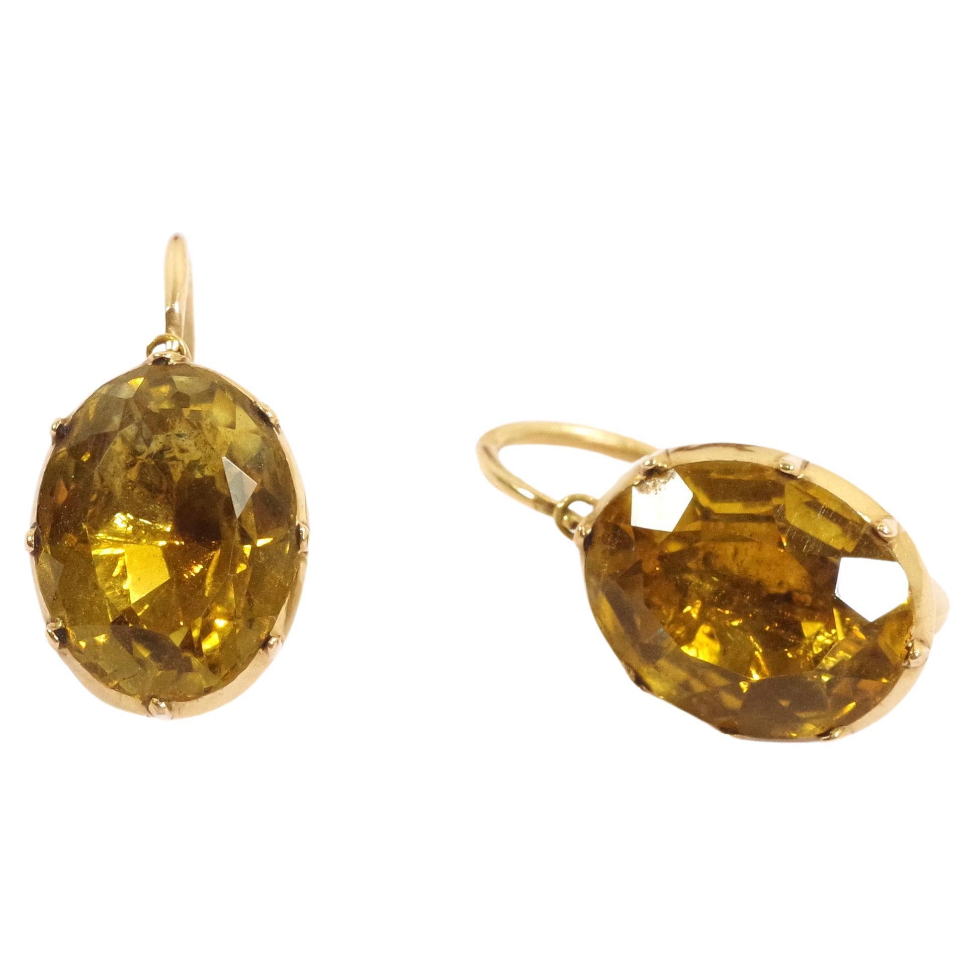 Georgian citrine earrings in 18k and 14 karat, antique foiled earrings For Sale
