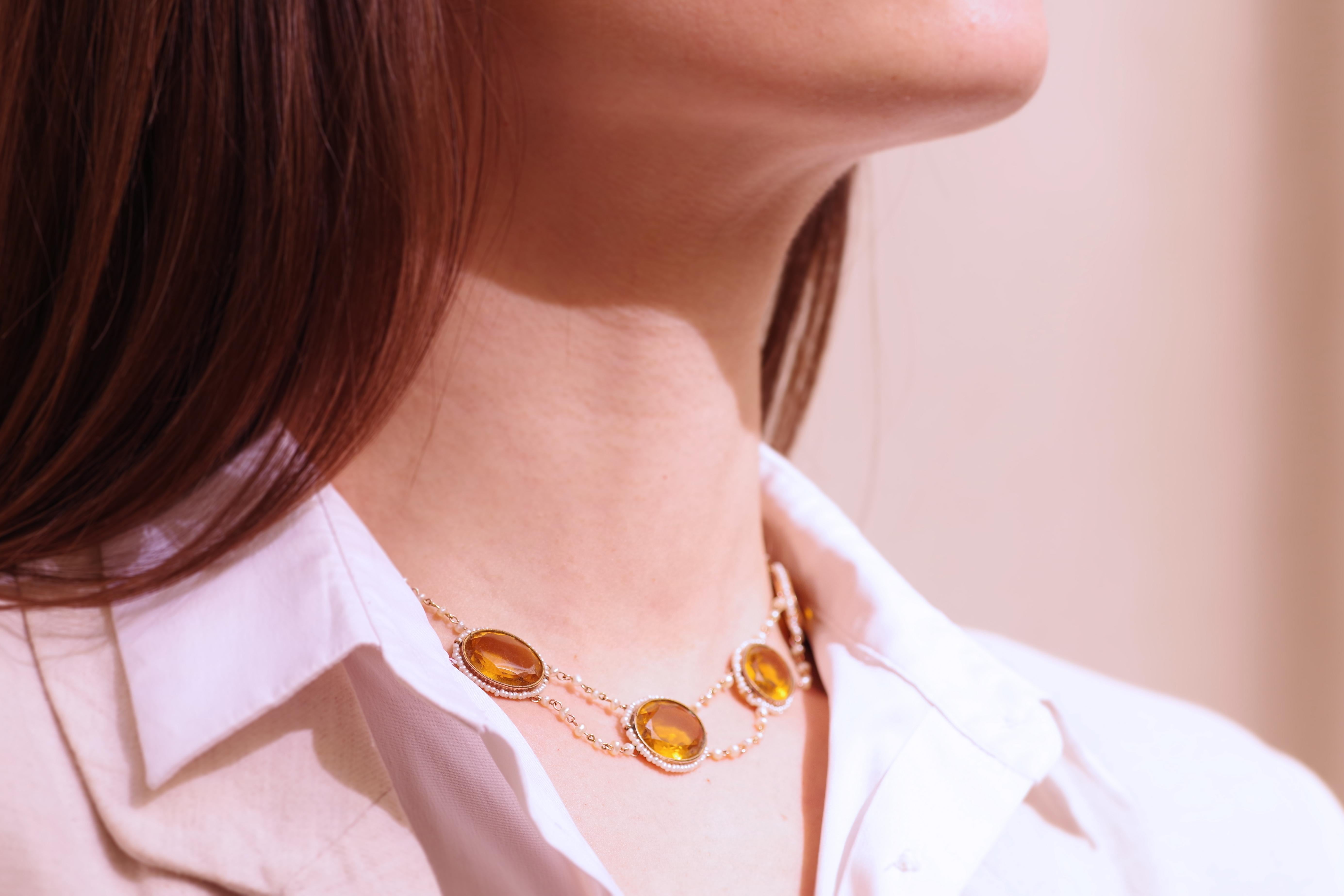 Georgian Citrine Paste Seed Pearl Necklace In Fair Condition For Sale In PARIS, FR
