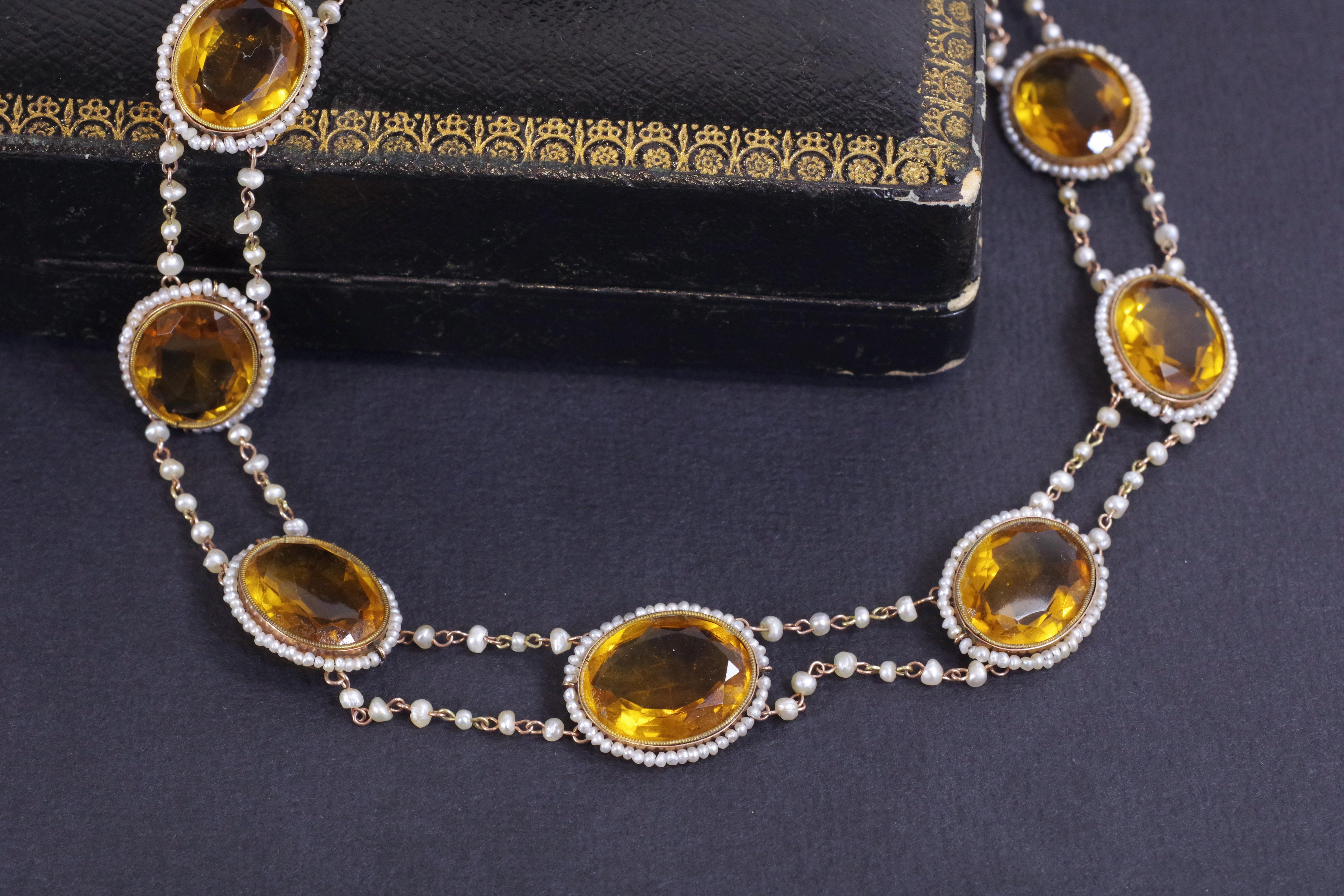 Women's Georgian Citrine Paste Seed Pearl Necklace For Sale