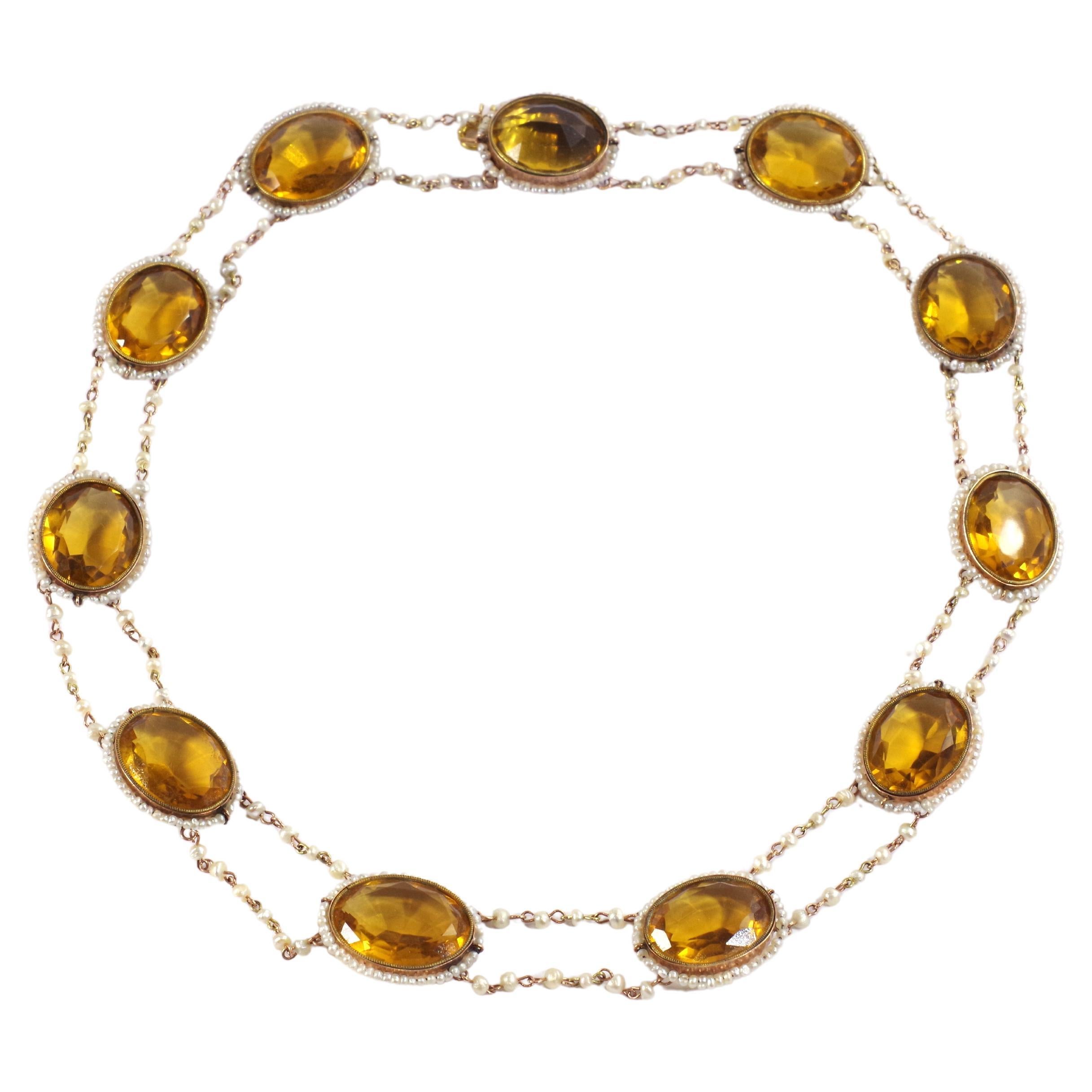 Georgian Citrine Paste Seed Pearl Necklace For Sale
