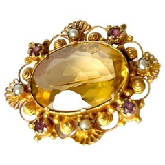 Georgian Citrine, Ruby and Pearl 15carat Yellow Gold Brooch