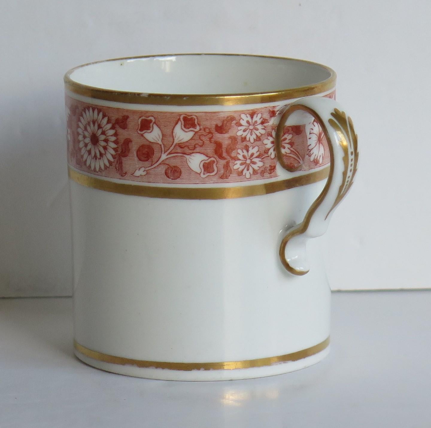 This is a good quality porcelain coffee can that we attribute to Spode of Staffordshire, England, made during the very early 19th century, George 111rd period, circa 1810.

The coffee can is nominally parallel, with a loop handle having one lower
