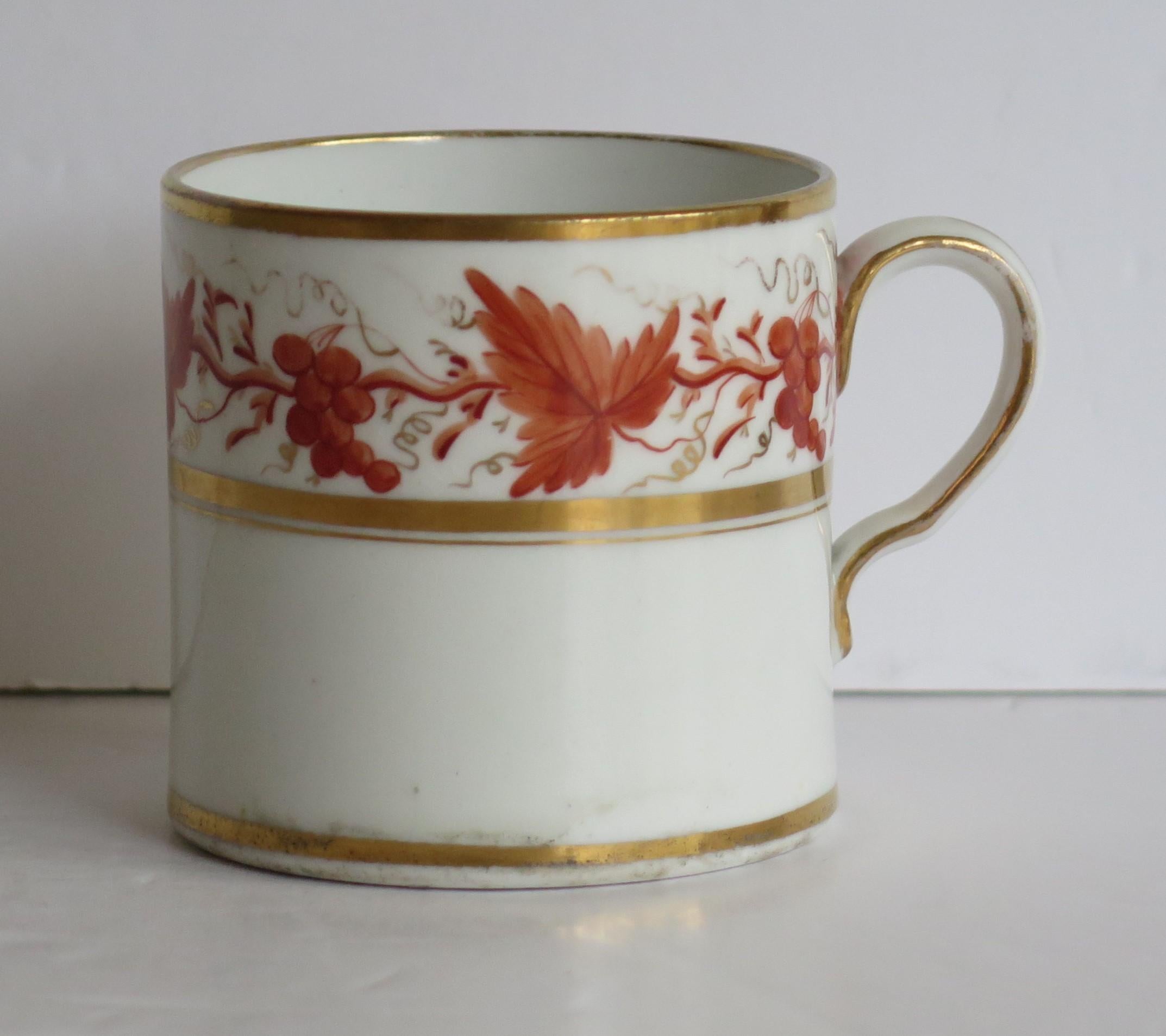 This is a good quality porcelain coffee can that we attribute to either Thomas Wolfe or possibly Spode of Staffordshire, England, made during the very early 19th century, George 111rd period, circa 1805.

The coffee can is nominally parallel, with