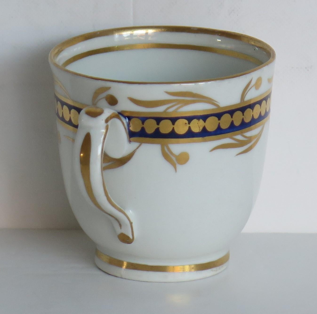 English Georgian Coffee Cup Porcelain Blue and Gilt Pattern, Staffordshire circa 1808 For Sale