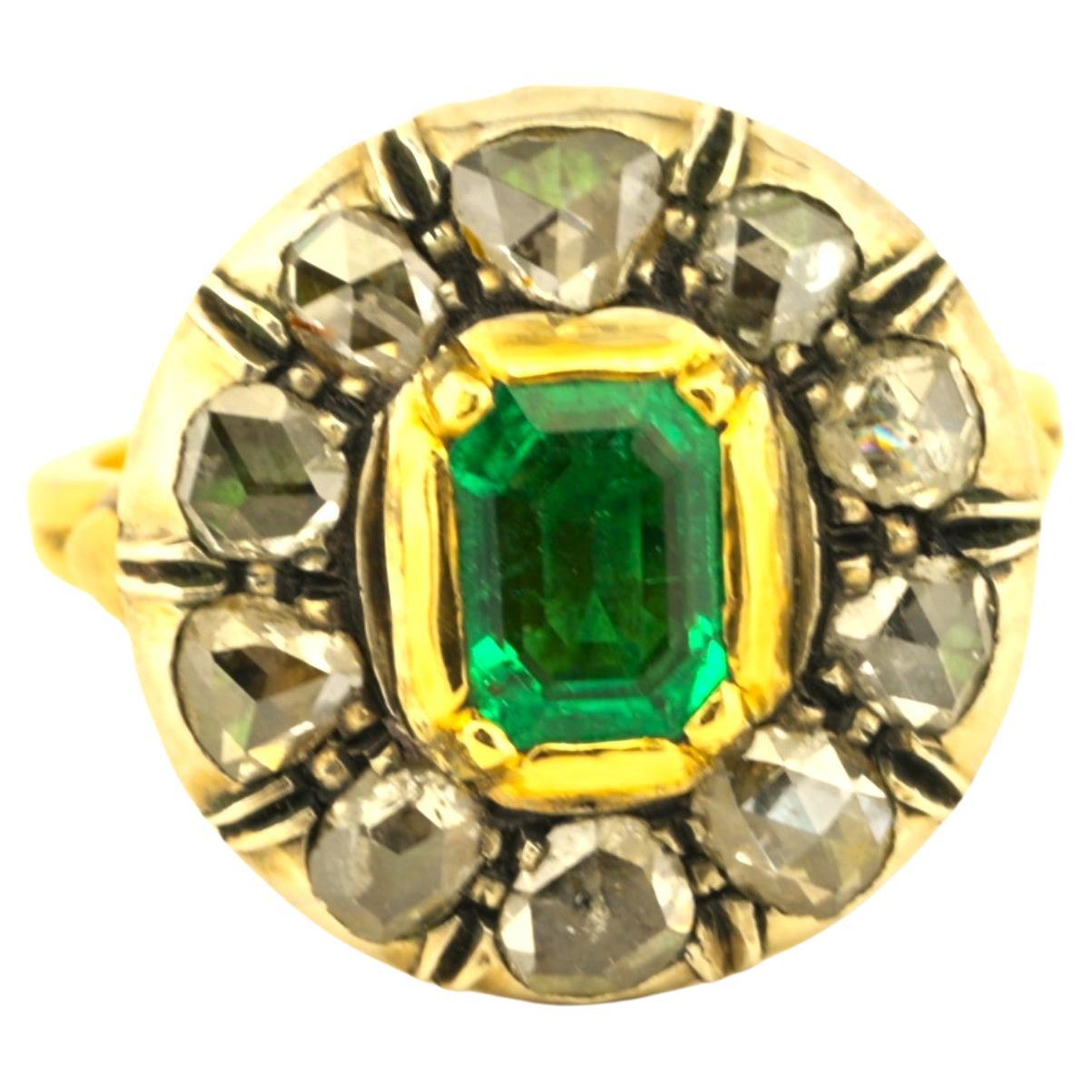Georgian Colombian Emerald Rose Cut Diamond 18 KT ring For Sale