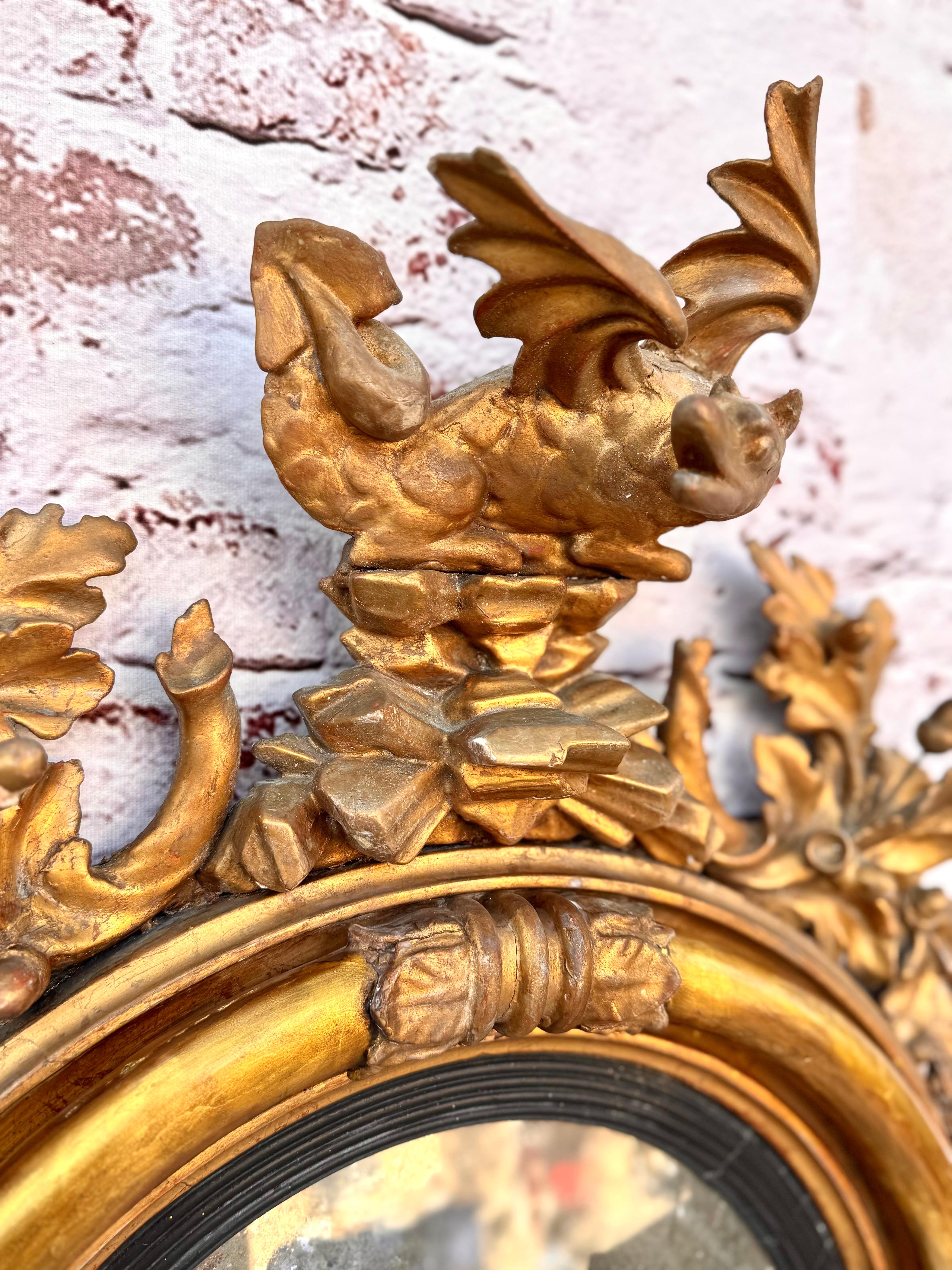 Georgian Convex Giltwood Bullseye Mirror with a Dragon For Sale 5