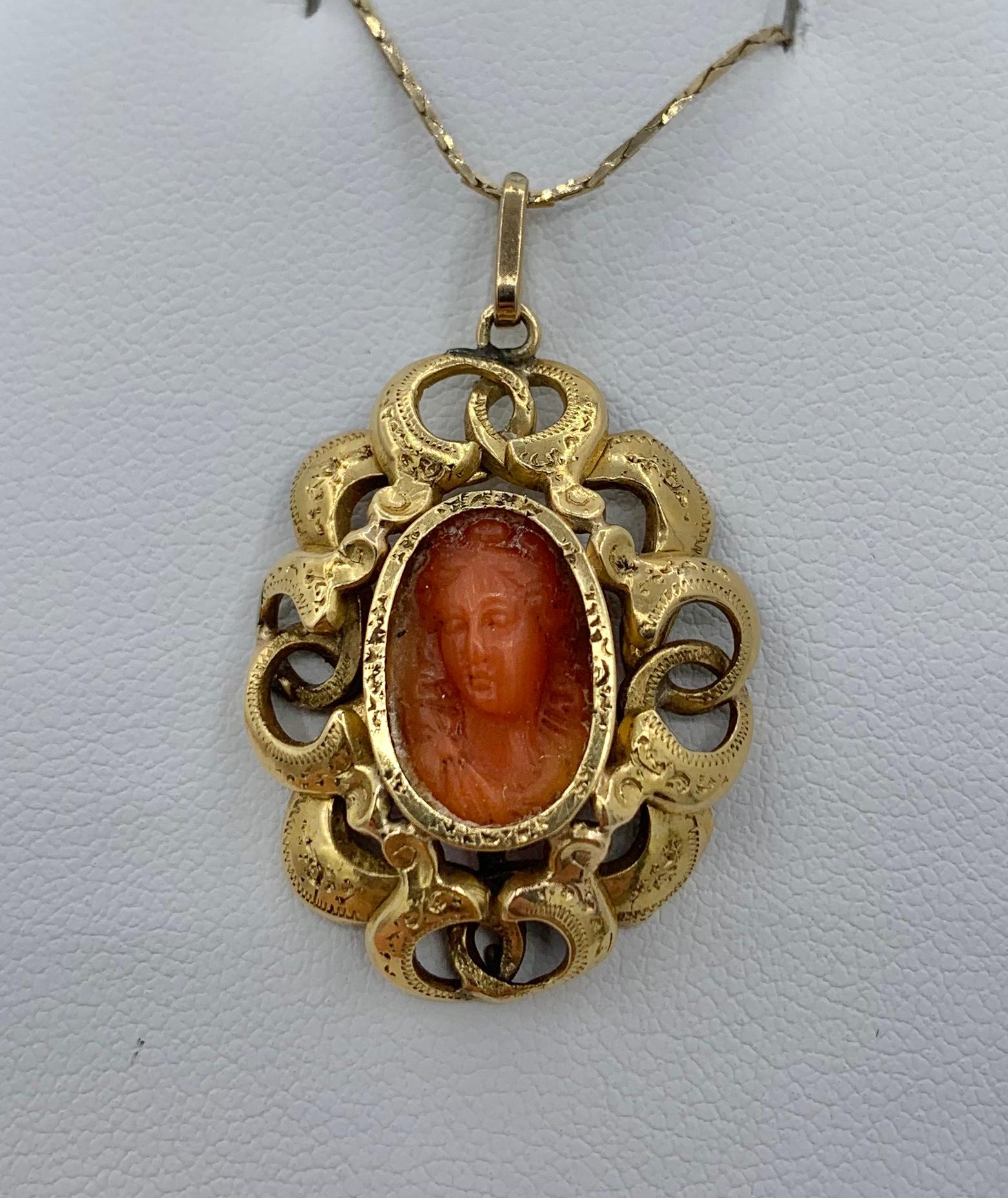 Portrait Cut Georgian Coral Cameo Pendant Necklace 18 Karat Gold Neoclassical Woman For Sale
