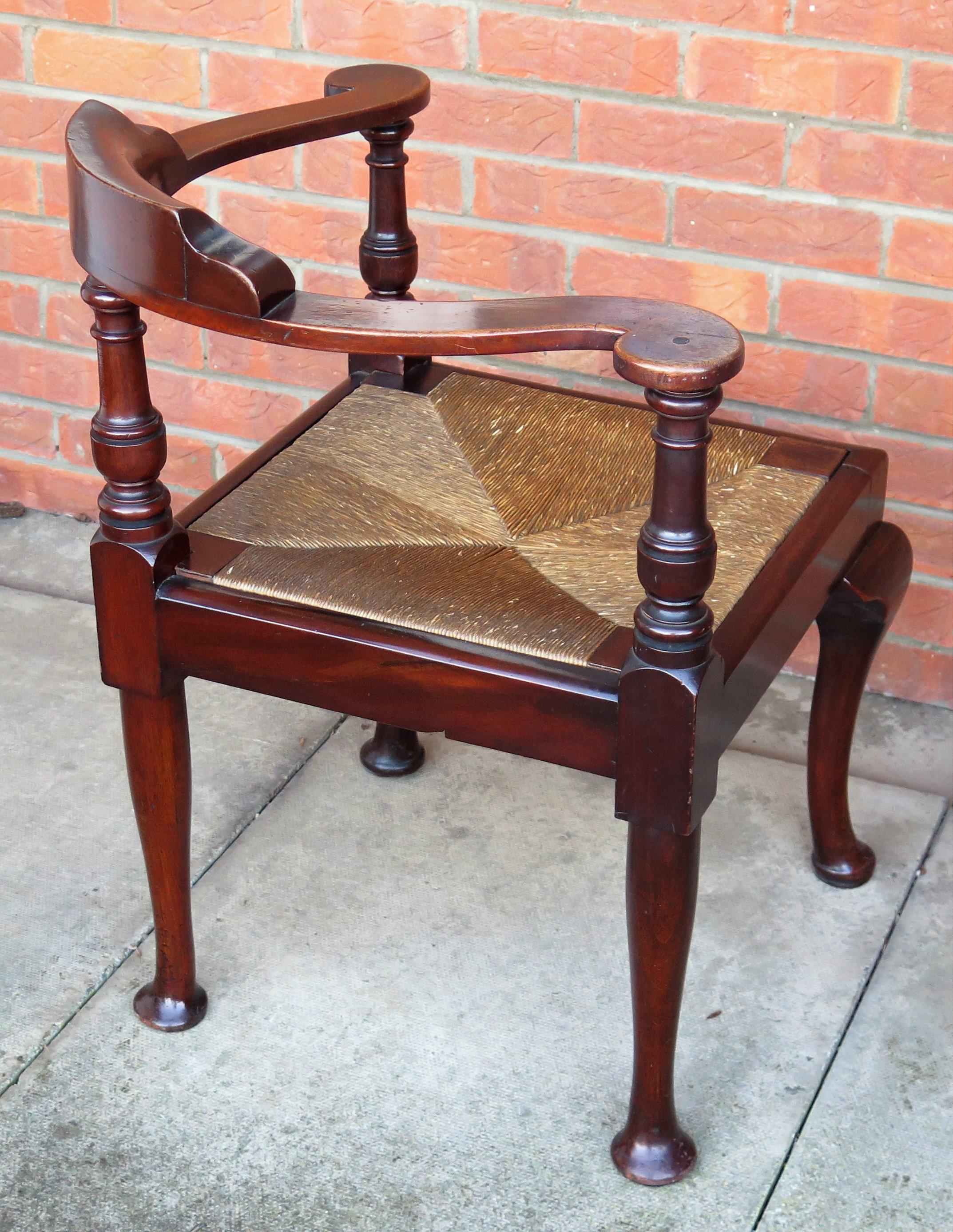 Georgian Corner Chair or Armchair in walnut with Rush Seat, English circa 1780 2