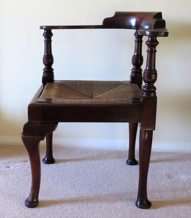 Corner Chair or Armchair in Mahogany with Rush Seat, English