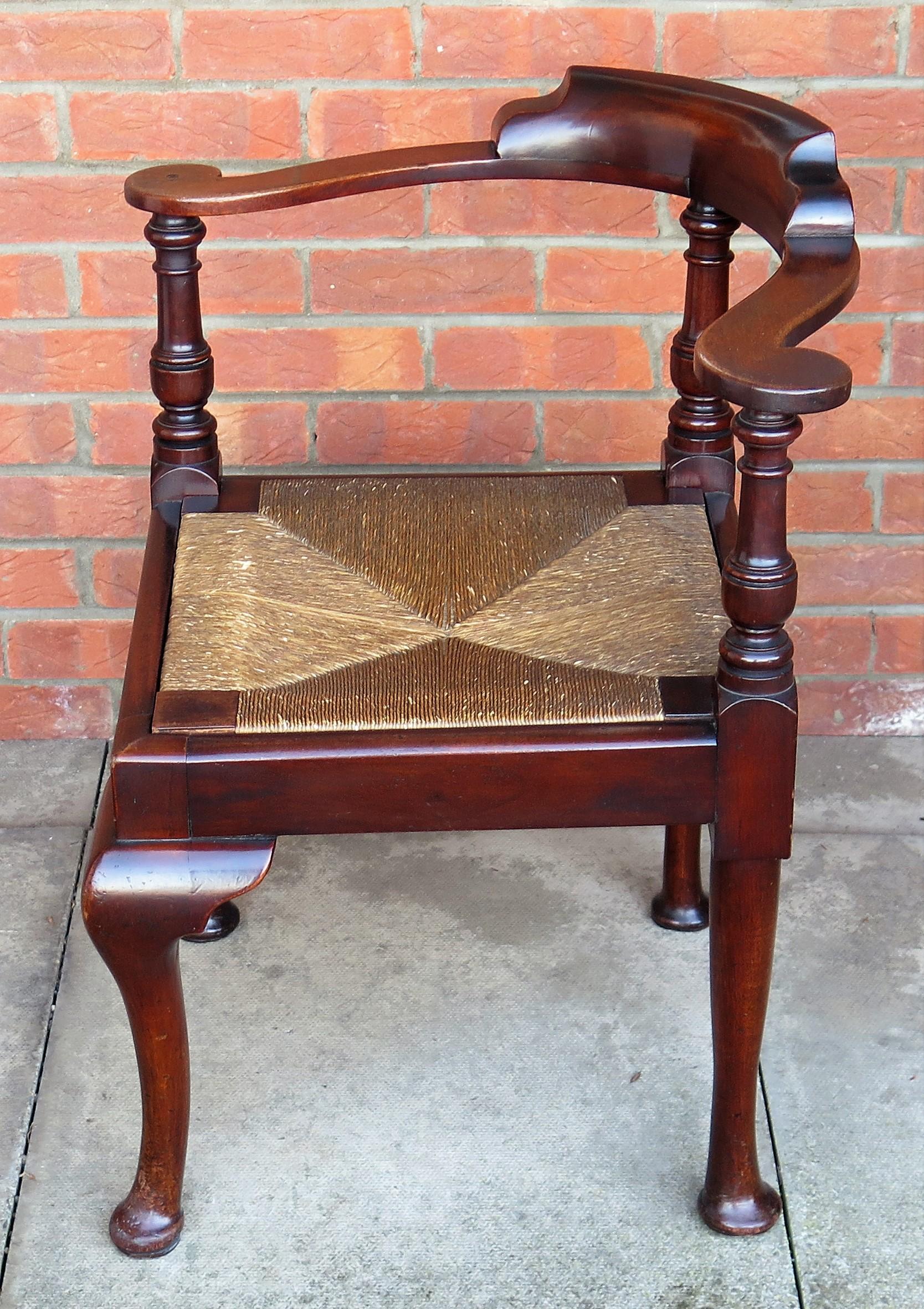 Hand-Crafted Georgian Corner Chair or Armchair in walnut with Rush Seat, English circa 1780