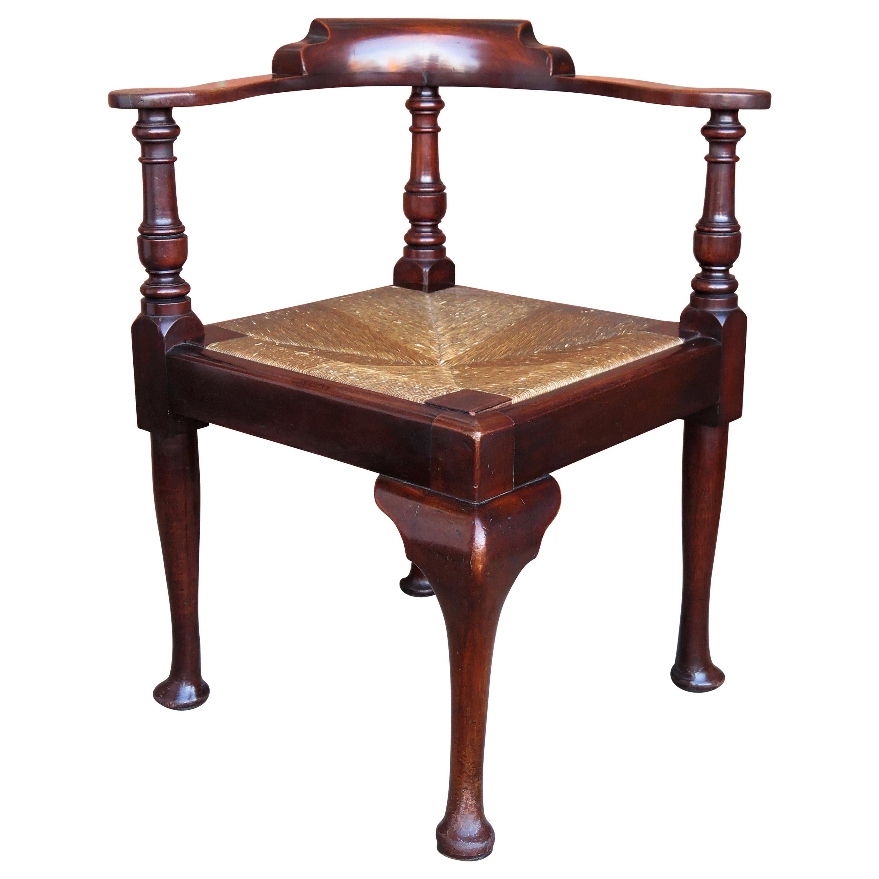 Georgian Corner Chair or Armchair in walnut with Rush Seat, English circa 1780