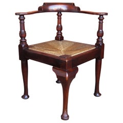 Georgian Corner Chair or Armchair in walnut with Rush Seat, English circa 1780