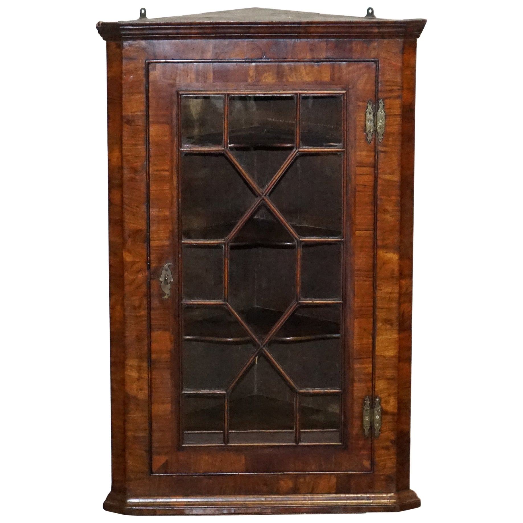 GEORGiAN CORNER HANGING DISPLAY CABINET BOOKCASE GLAZED DOOR DRAWER INSIDE For Sale