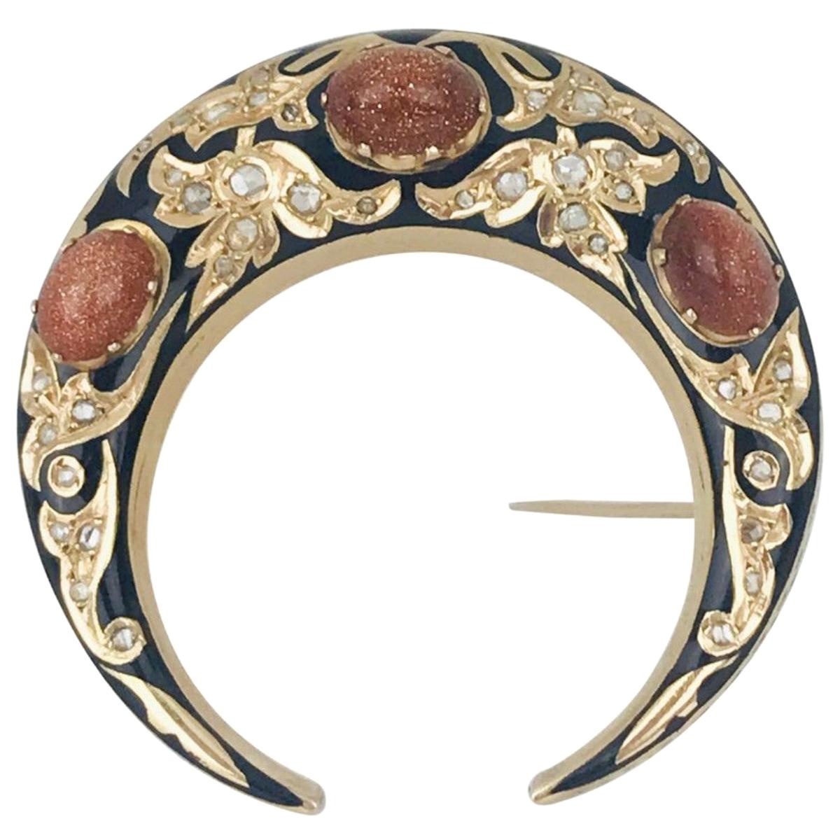 Georgian Crescent Pin, With Rare, Rose Cut Diamonds, Feldspar and Black Enamel For Sale