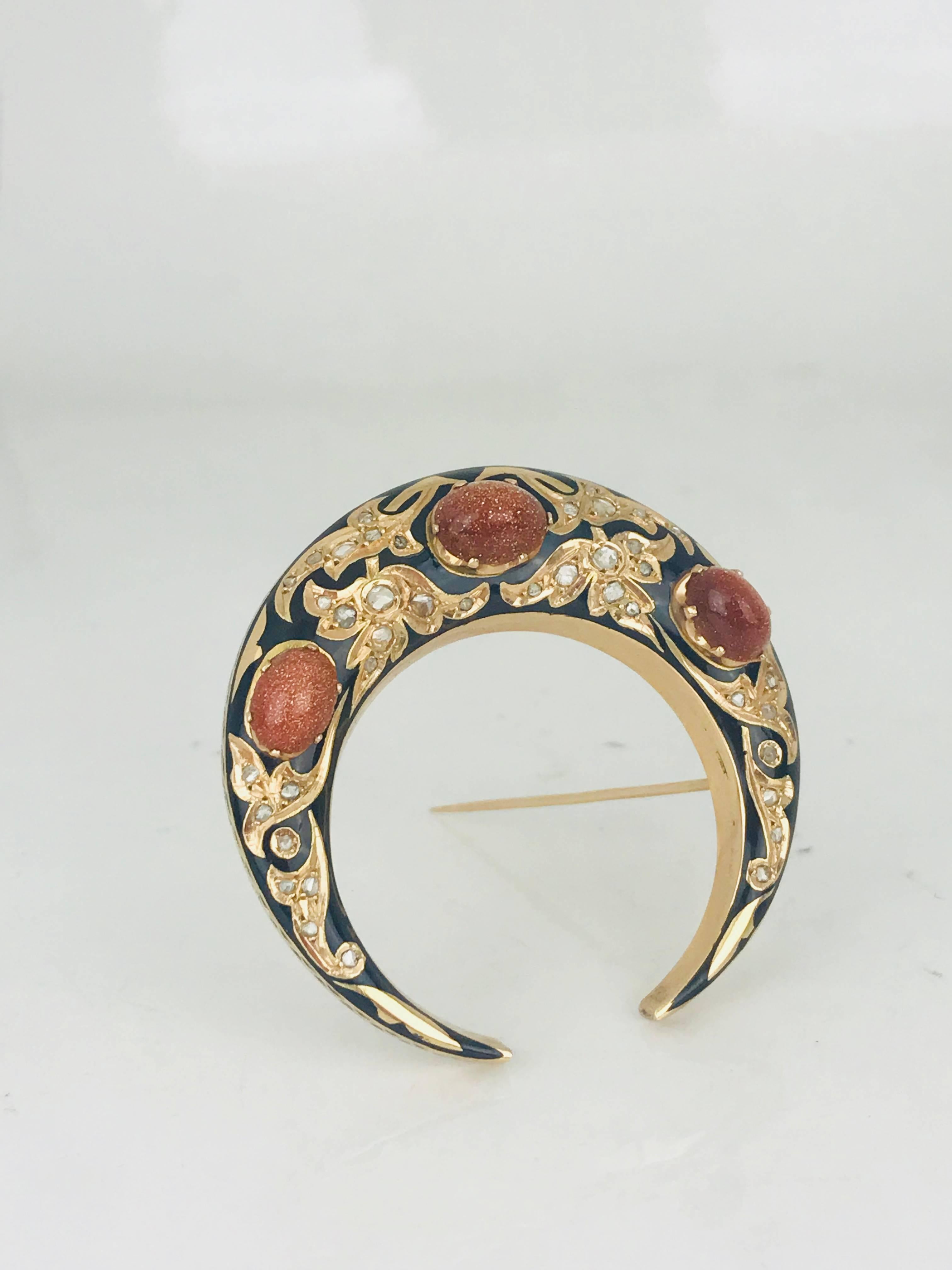 Women's or Men's Georgian Cresent Pin, Old Mine Diamonds and Brown 18 Karat Gold and Enamel For Sale