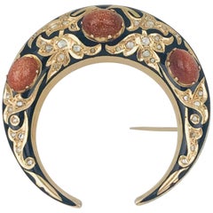 Georgian Cresent Pin, Old Mine Diamonds and Brown 18 Karat Gold and Enamel
