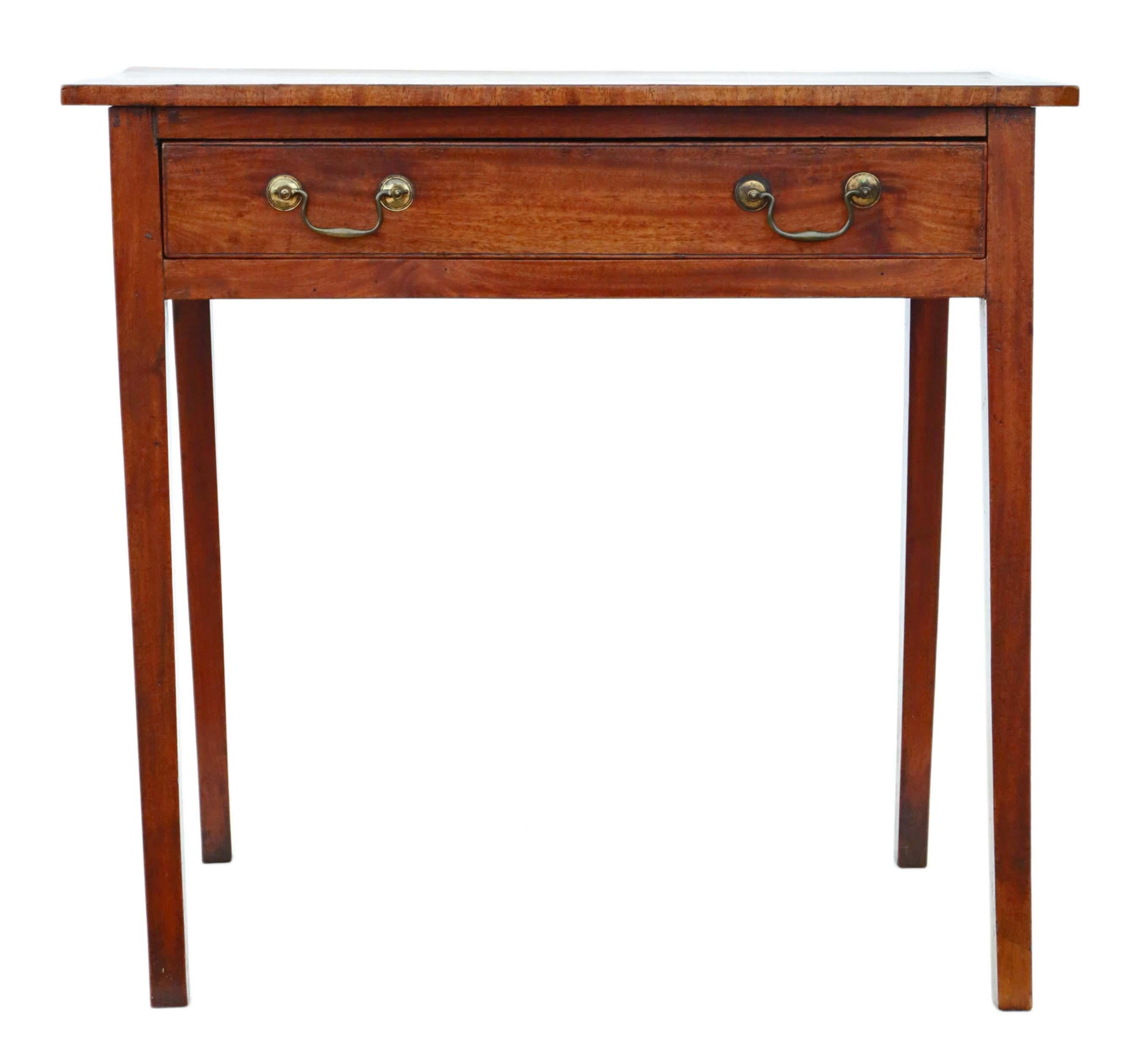 Antique Georgian circa 1800 cross-banded mahogany desk writing side table.
No loose joints. Full of age, character and charm. The drawer slides freely (later compartmentalisation).
Would look great in the right location! A charming, characterful