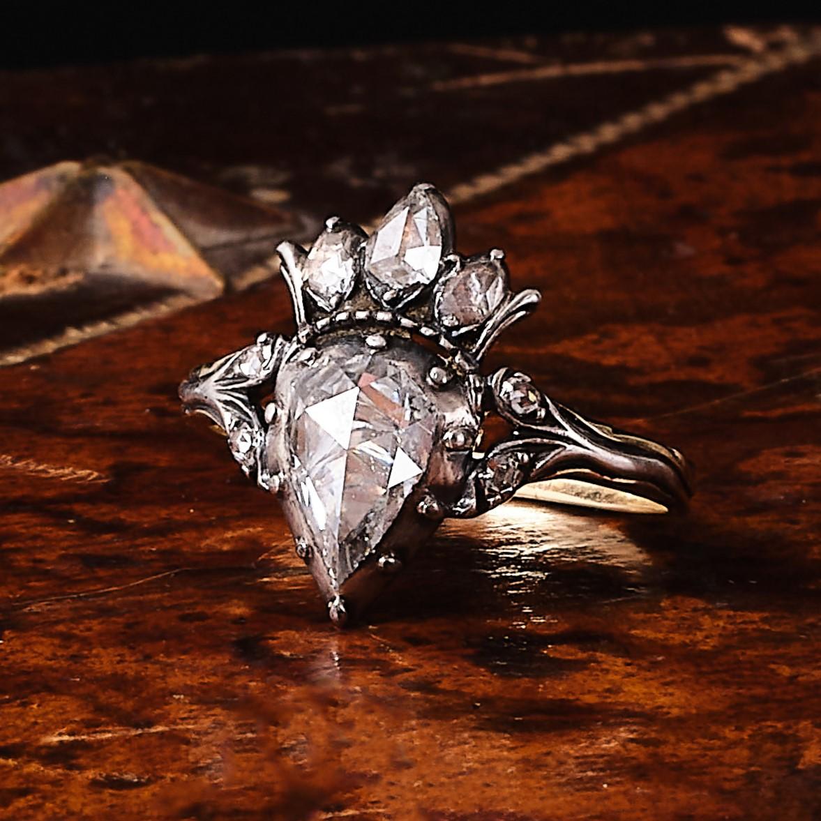 Rose Cut Georgian crowned diamond heart ring from turn of the century 18th/19th century. For Sale