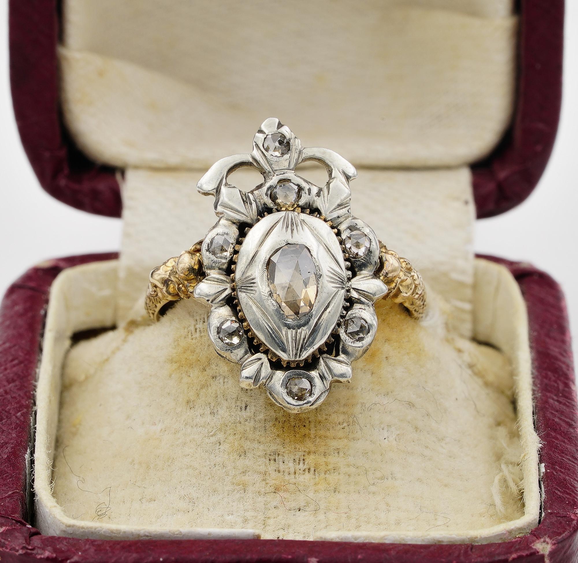 Passion and Endurance
Meaningful and symbolic 1780 ca Georgian crowned heart ring, rare love token or engagement ring quite touching conception of the past history to our days, undoubtedly revealing a love story of long ago
Hand crafted of solid