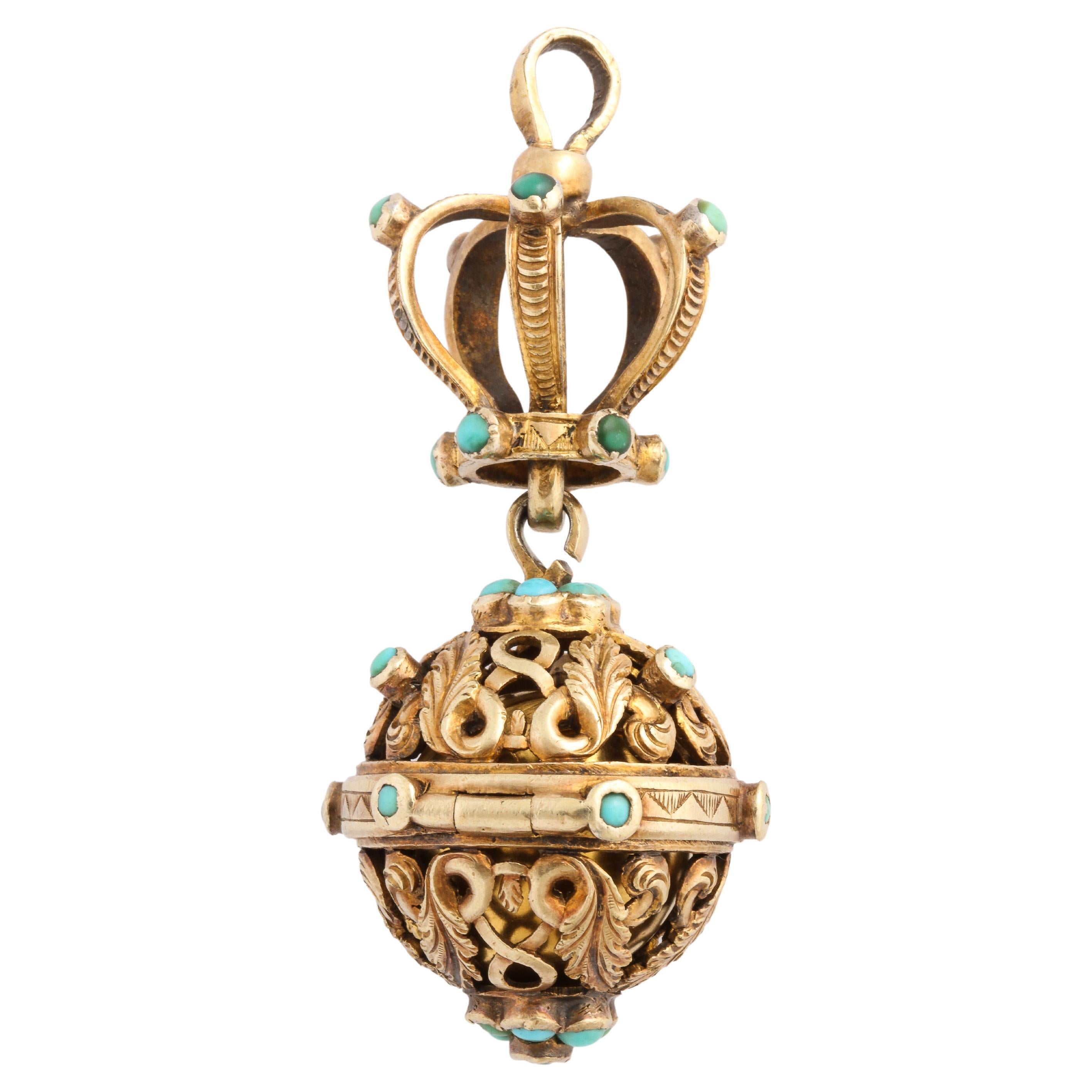 Georgian Crowned Turquoise Set Pomander Censer Pendant For Sale