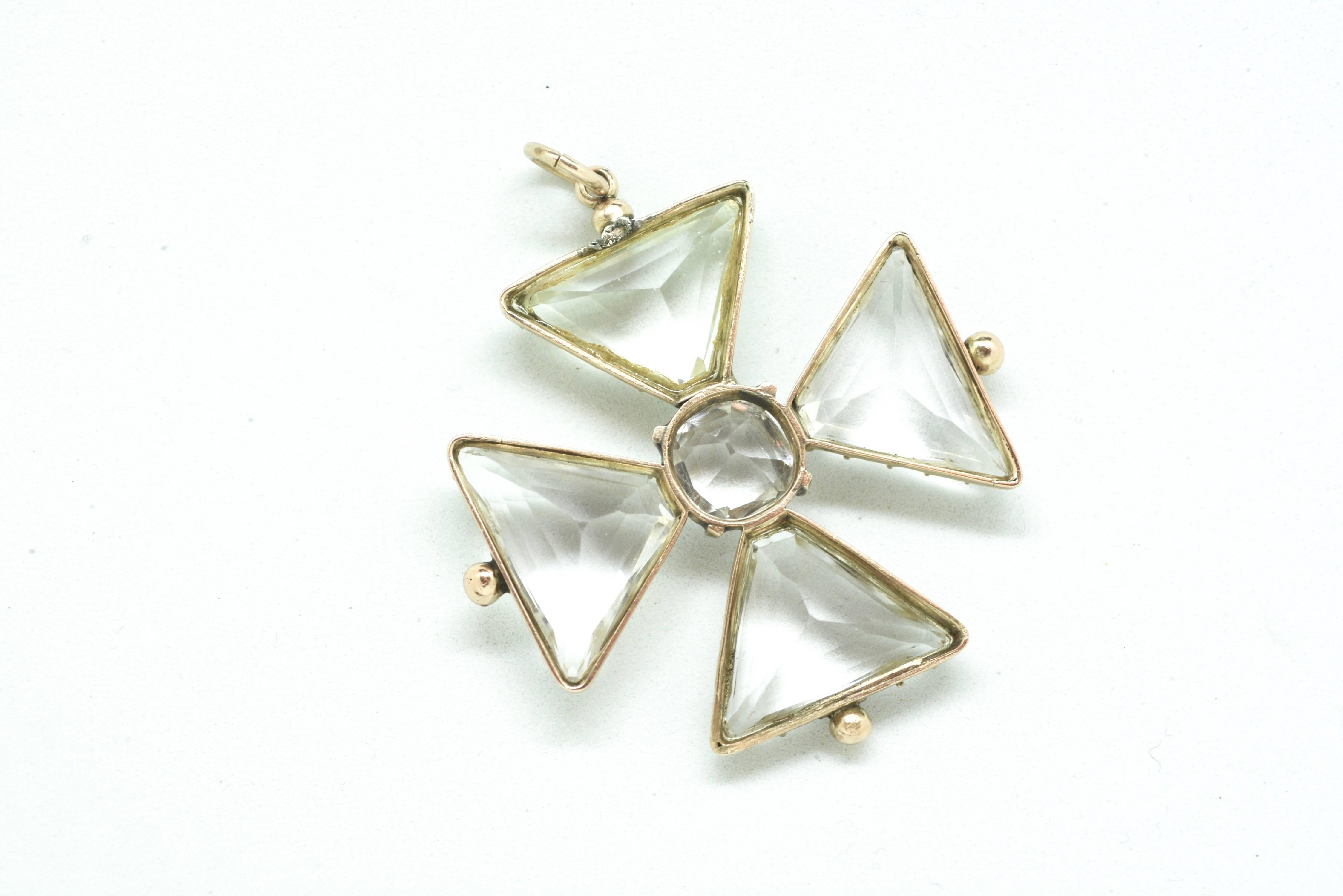 Lovely antque Maltese cross style crystal brooch, set in 14k. 