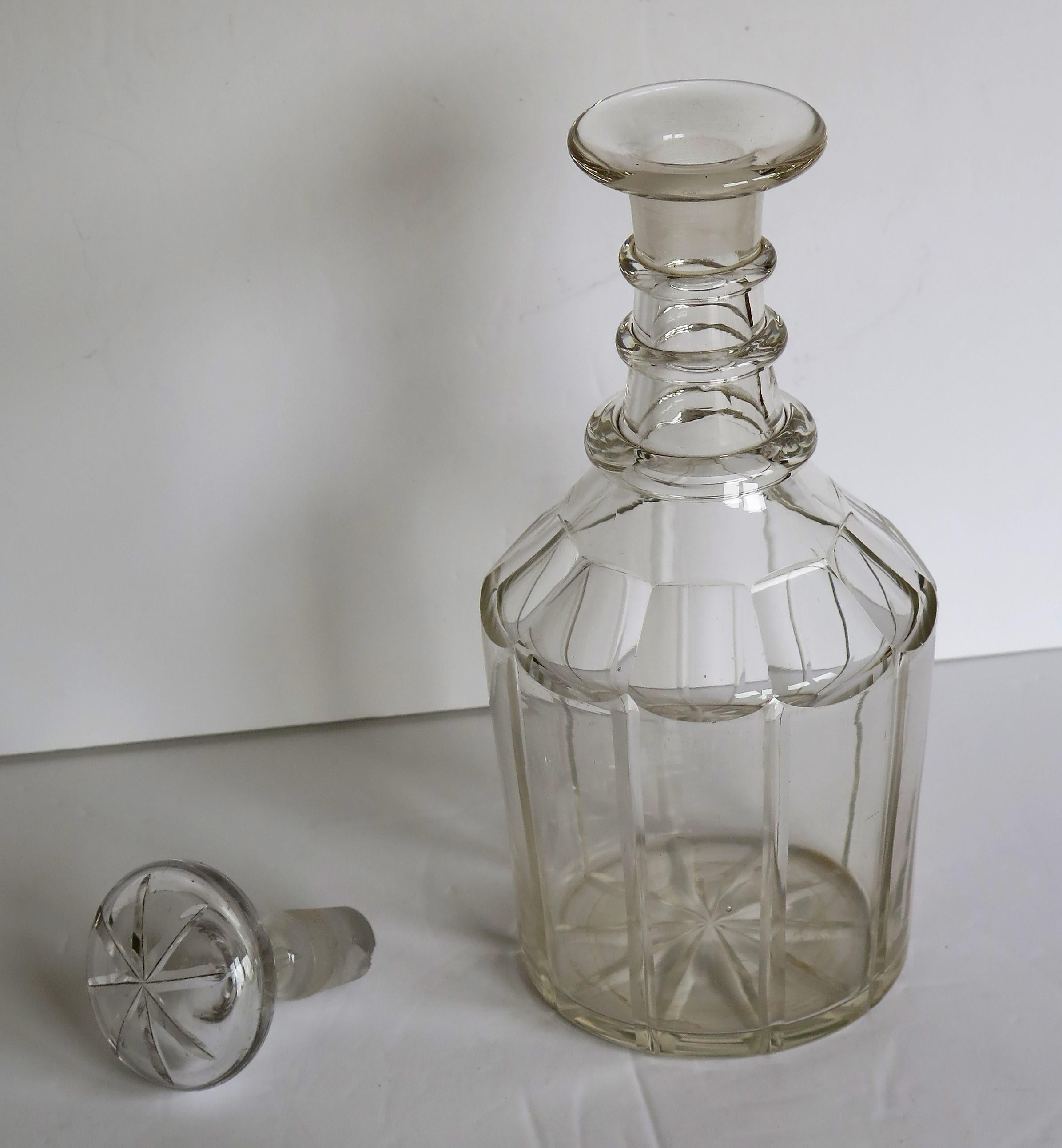 Cut Glass Georgian Crystal Lead Glass Decanter with Three Neck Rings and Mushroom Stopper 