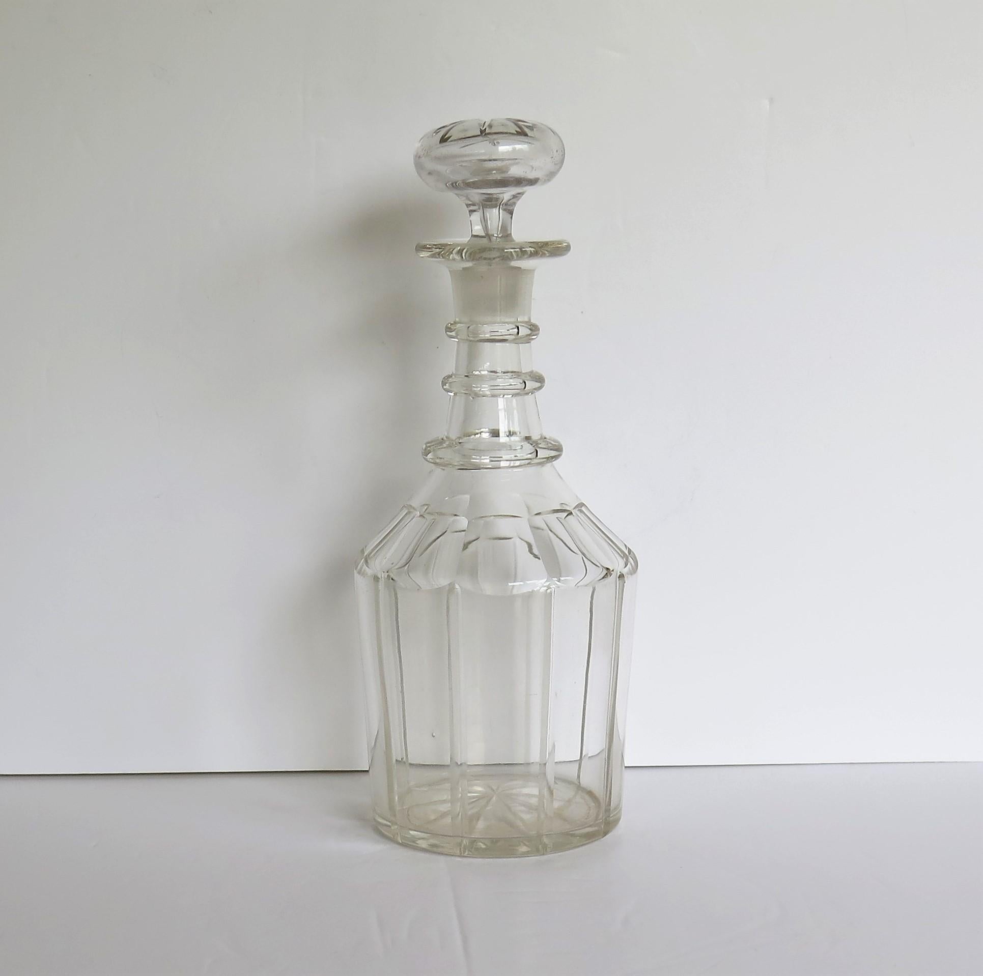 Regency Georgian Crystal Lead Glass Decanter with Three Neck Rings and Mushroom Stopper 