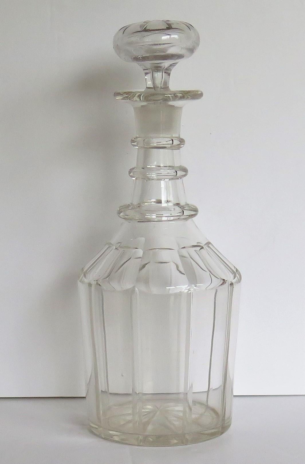 English Georgian Crystal Lead Glass Decanter with Three Neck Rings and Mushroom Stopper 