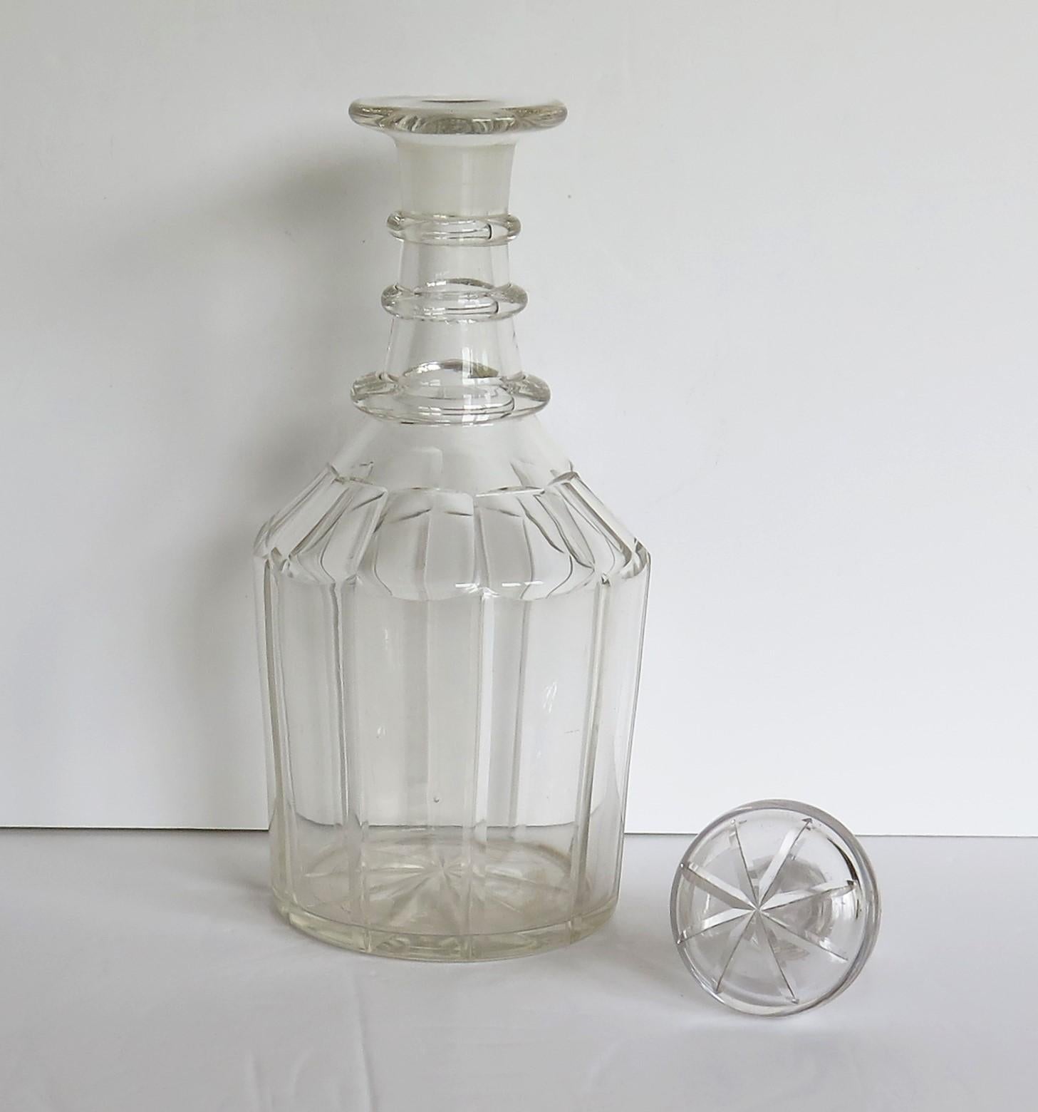 19th Century Georgian Crystal Lead Glass Decanter with Three Neck Rings and Mushroom Stopper 