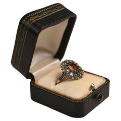 Georgian Cushion Cut Topaz with Floral-Motif Diamond Ring, 14k Yellow Gold