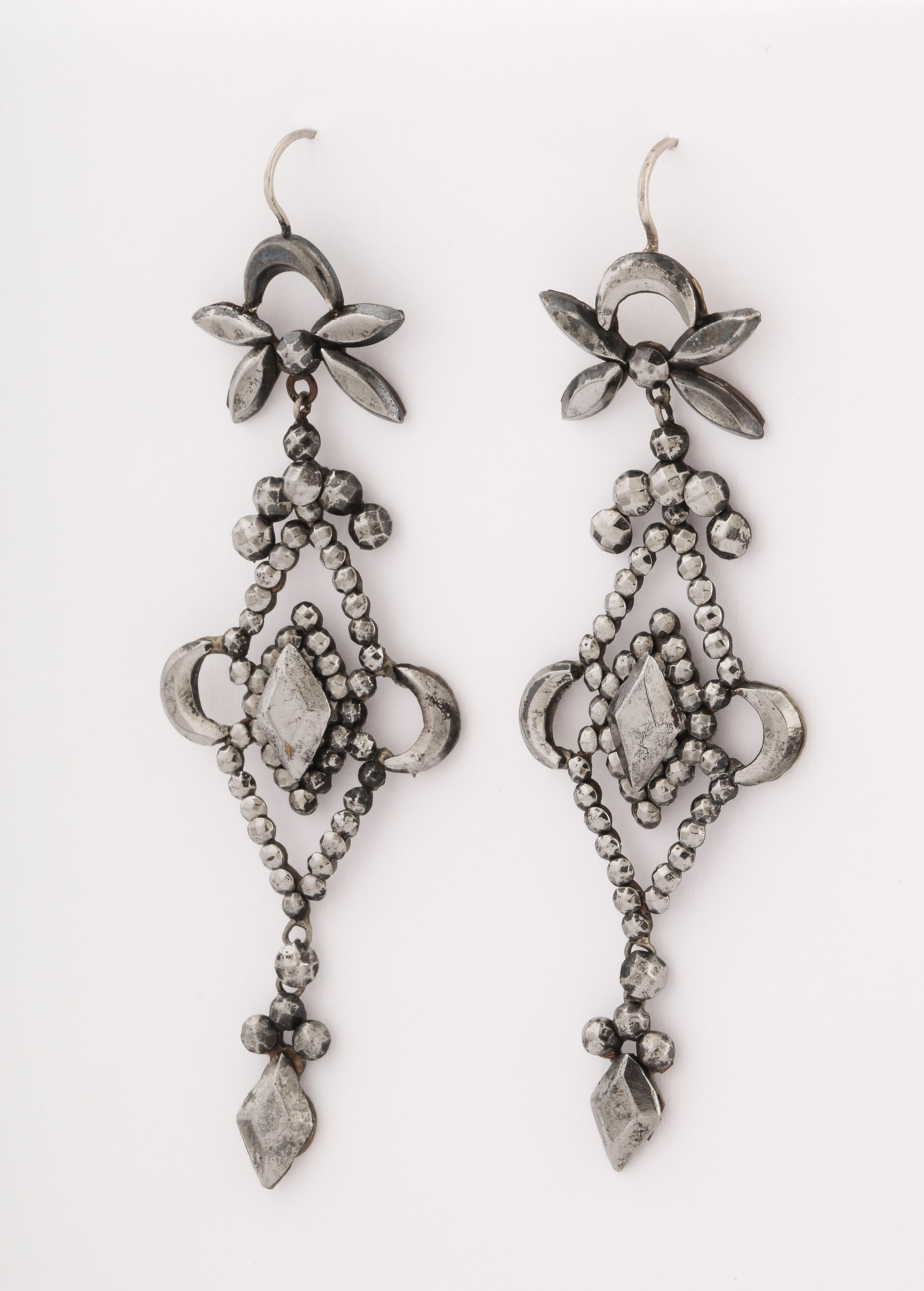 Women's or Men's Antique Georgian Cut Steel Long Earrings For Sale