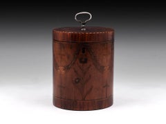 Georgian Cylindrical Satinwood Boxwood Ebony Silver Tea Caddy 18th Century