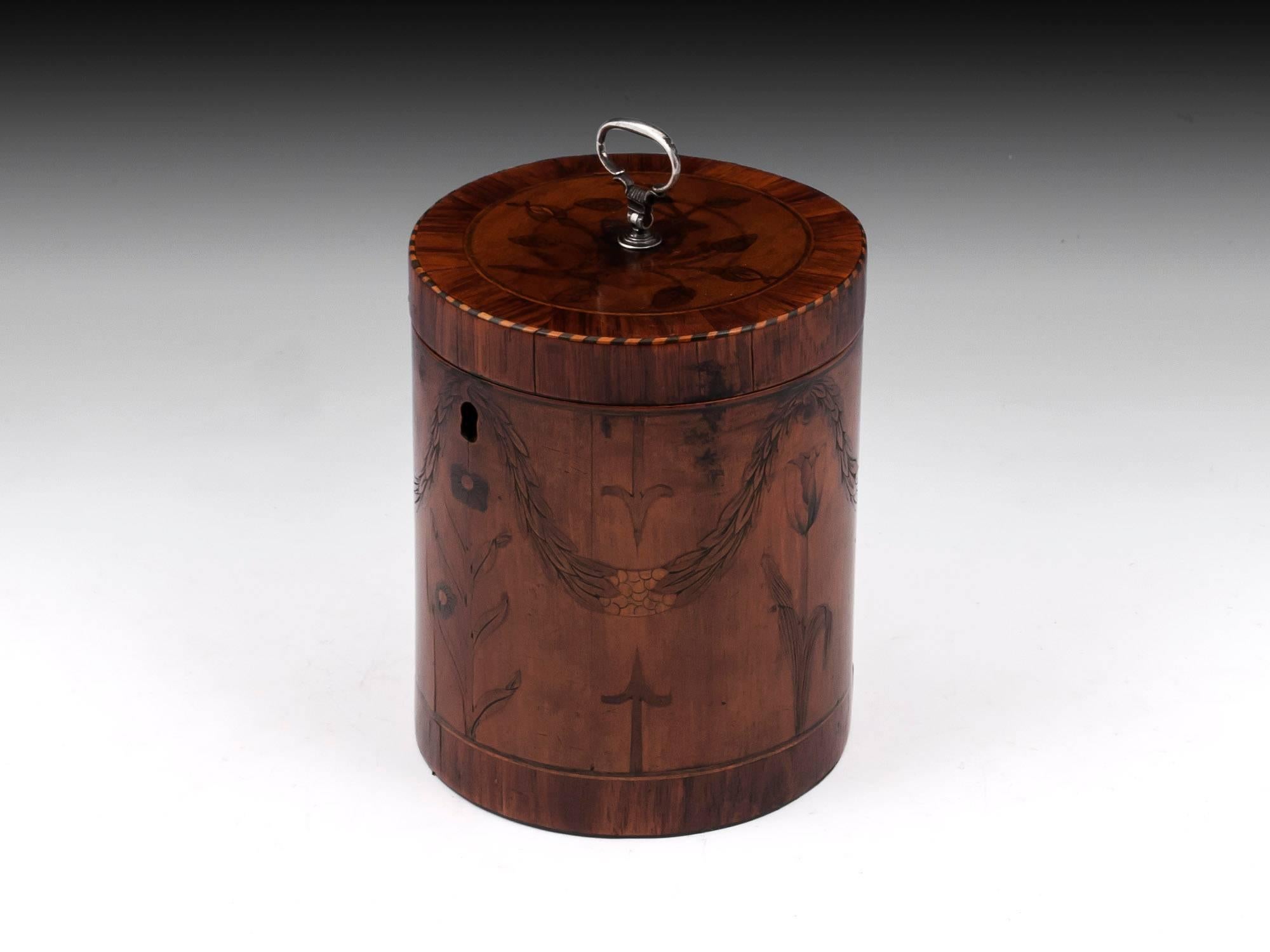 British Georgian Cylindrical Satinwood Boxwood Ebony Silver Tea Caddy 18th Century