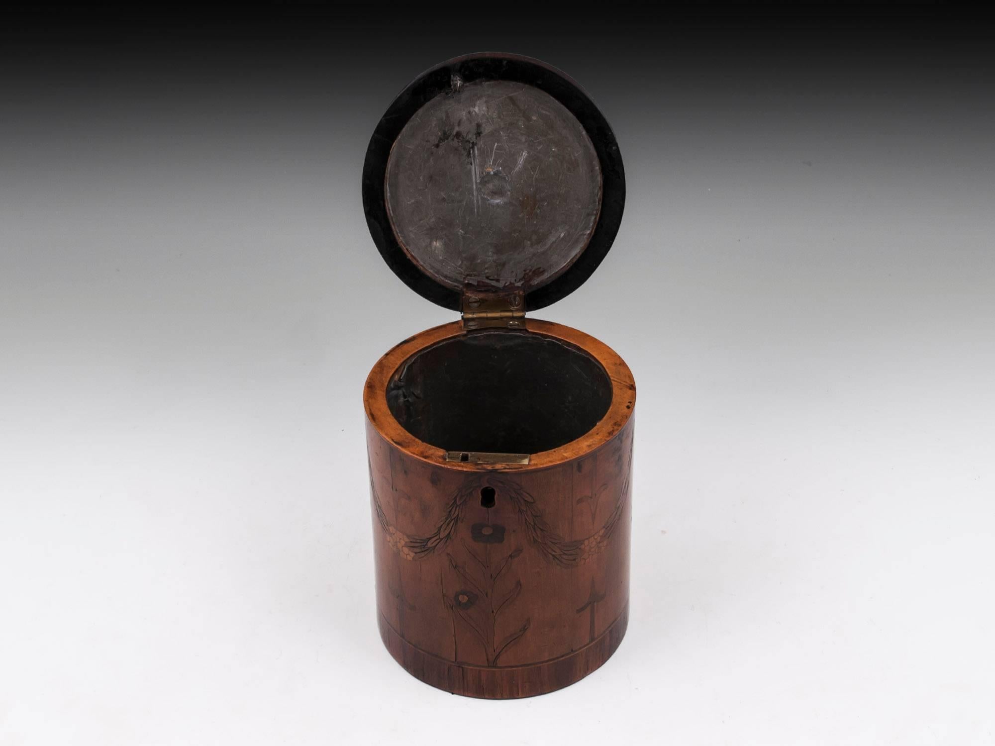 Georgian Cylindrical Satinwood Boxwood Ebony Silver Tea Caddy 18th Century 1