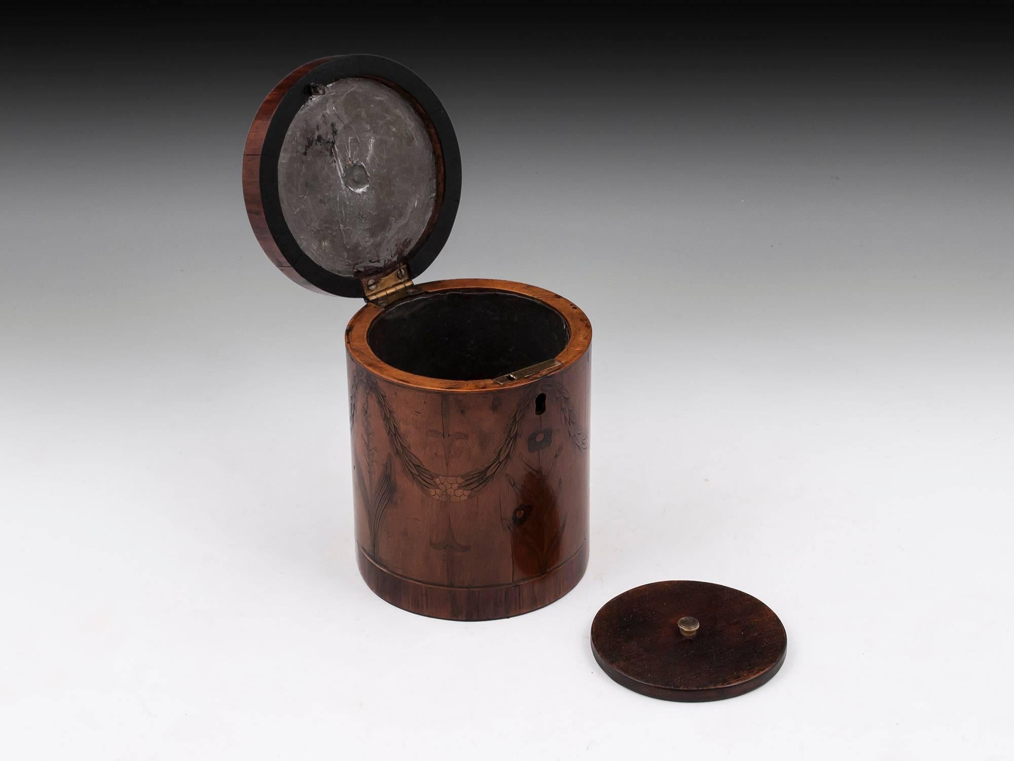 Georgian Cylindrical Satinwood Boxwood Ebony Silver Tea Caddy 18th Century 2