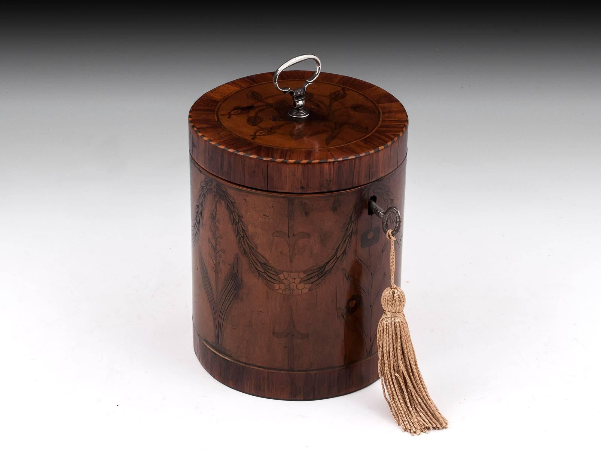 Georgian Cylindrical Satinwood Boxwood Ebony Silver Tea Caddy 18th Century 3