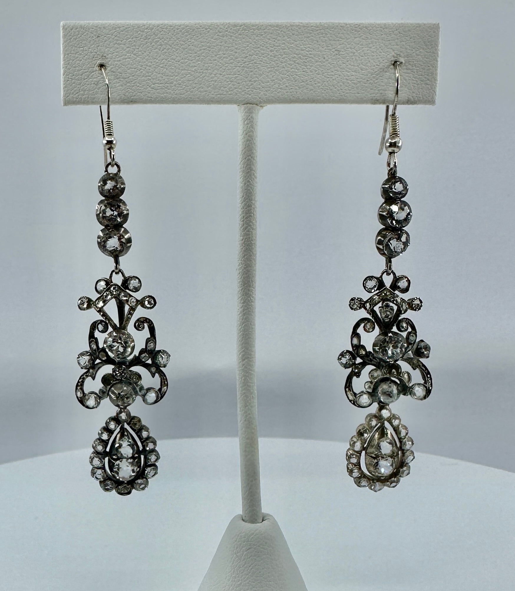 Georgian Dangle Drop Earrings 3 Inch Antique 19th C Paste Marie Antoinette Style en venta