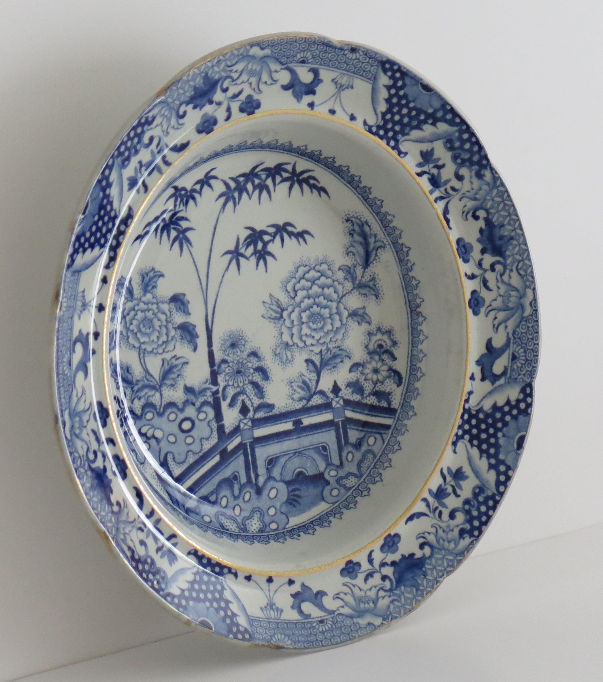 Hand-Painted Georgian Davenport Ironstone Soup Plate or Bowl Bamboo & Peony Ptn 15, Ca 1815 For Sale