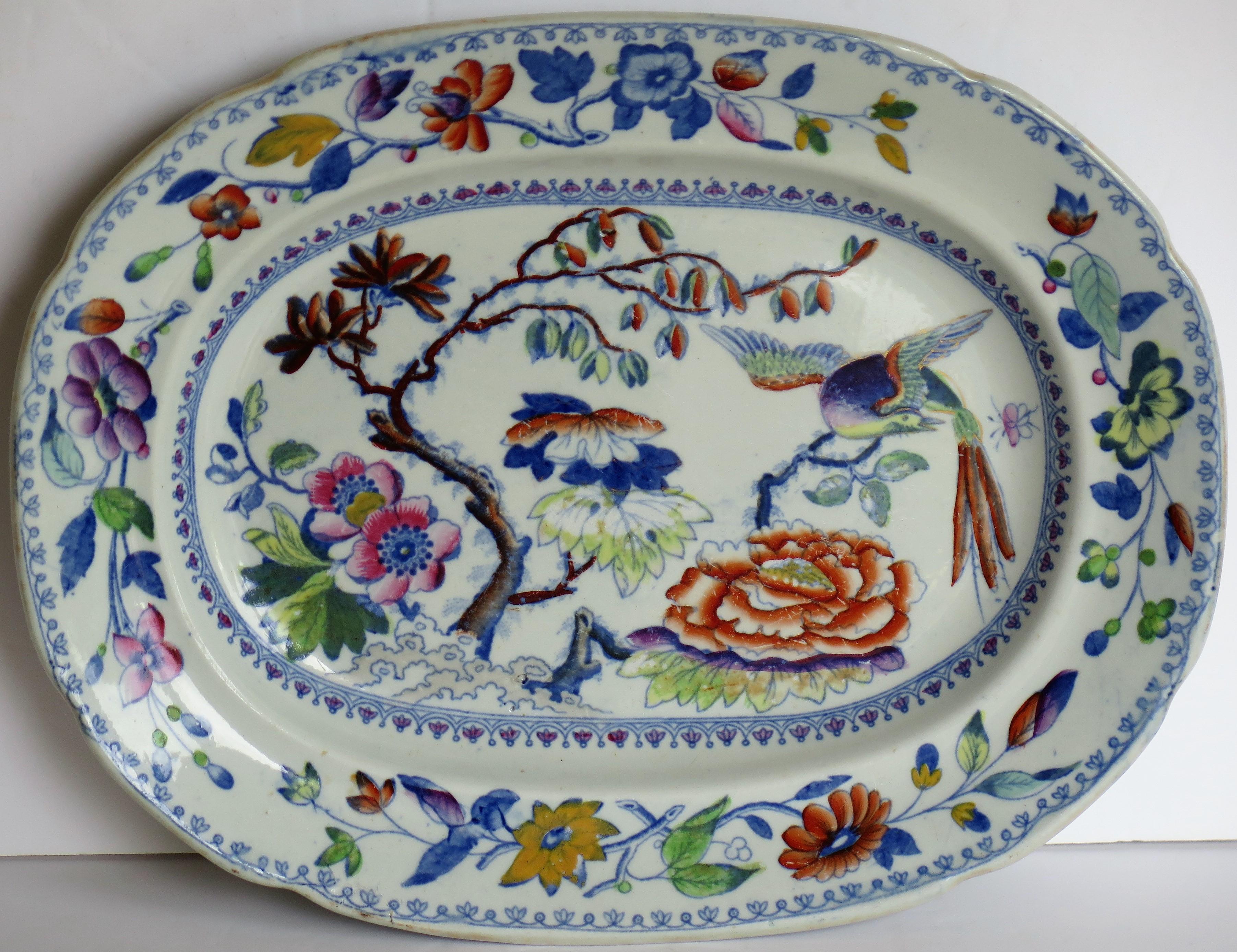 19th Century Georgian Davenport Platter, Ironstone Hand Painted Flying Bird Ptn, circa 1820