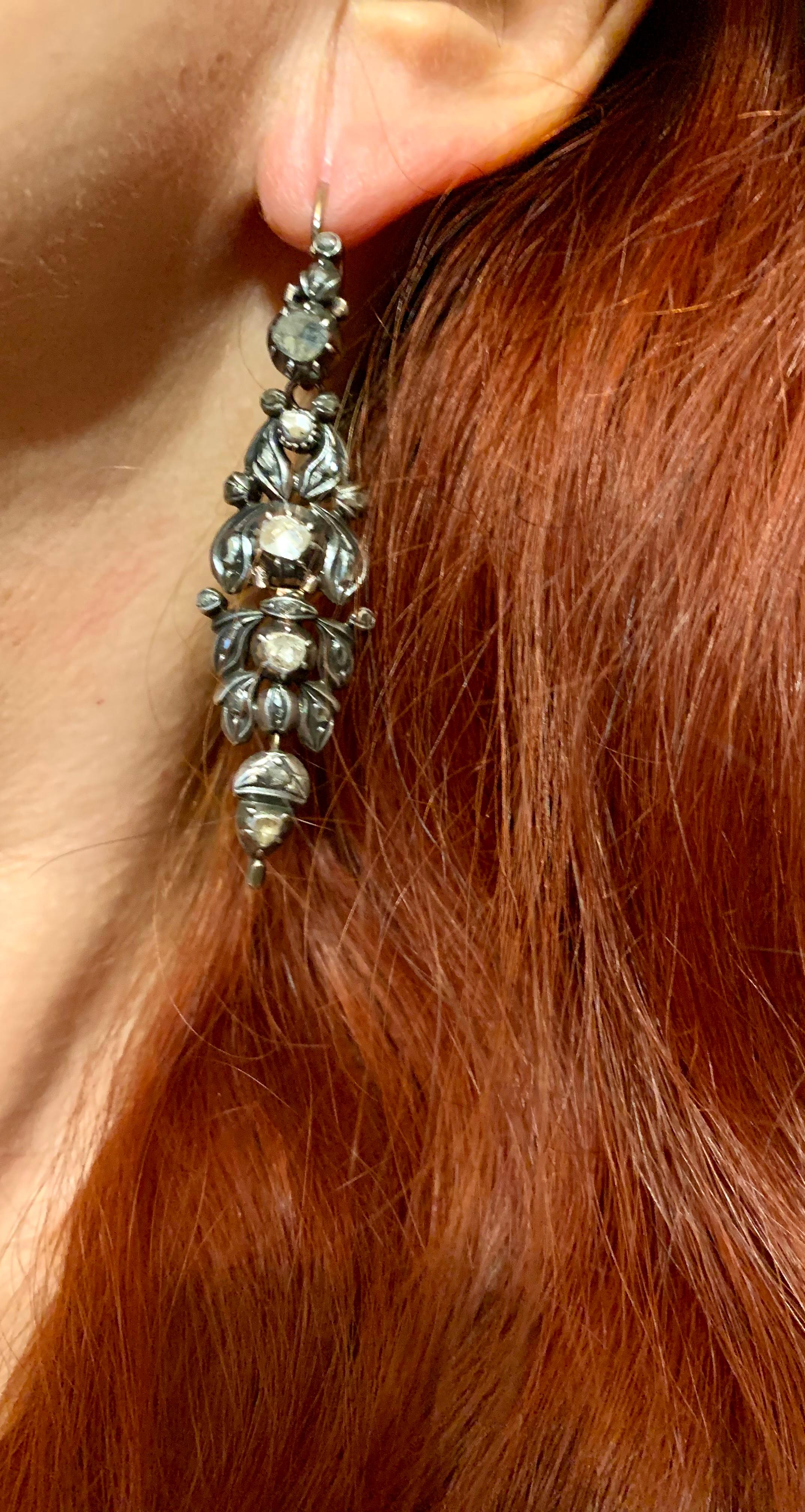 Georgian Day to Night 2.8TCW Rose Cut Diamond Silver Topped 14K Gold Earrings In Good Condition For Sale In New York, NY
